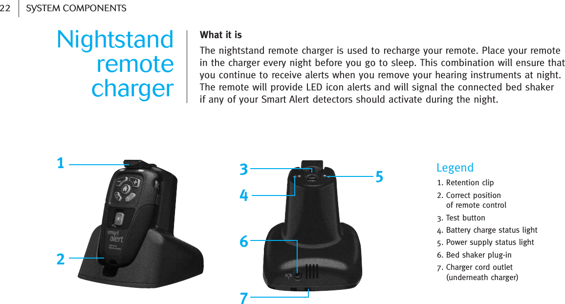 Nightstandremotecharger What it is The nightstand remote charger is used to recharge your remote. Place your remotein the charger every night before you go to sleep. This combination will ensure thatyou continue to receive alerts when you remove your hearing instruments at night.The remote will provide LED icon alerts and will signal the connected bed shaker if any of your Smart Alert detectors should activate during the night.146723522 SYSTEM COMPONENTSLegend1. Retention clip2. Correct position   of remote control3. Test button4. Battery charge status light5. Power supply status light6. Bed shaker plug-in7. Charger cord outlet   (underneath charger)