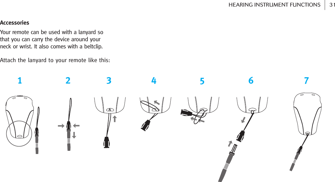 AccessoriesYour remote can be used with a lanyard so that you can carry the device around your neck or wrist. It also comes with a beltclip.Attach the lanyard to your remote like this:123456731HEARING INSTRUMENT FUNCTIONS   