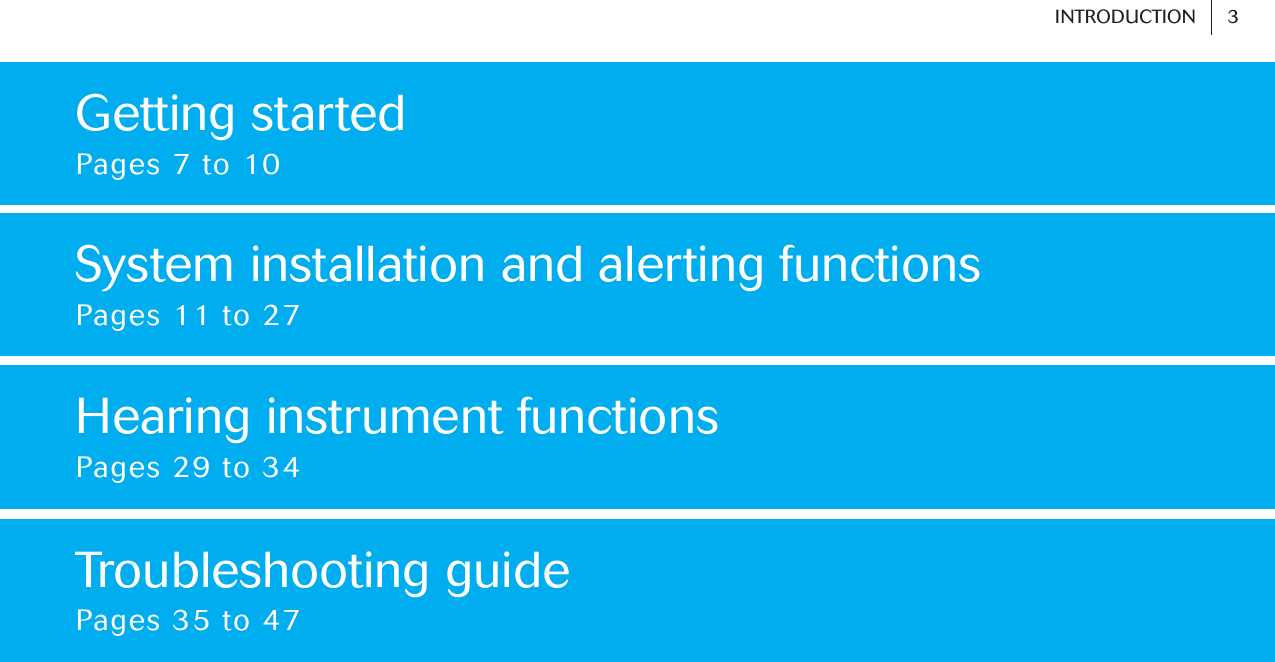 Getting startedPages 7 to 10System installation and alerting functionsPages 11 to 27Troubleshooting guidePages 35 to 47Hearing instrument functions Pages 29 to 343INTRODUCTION