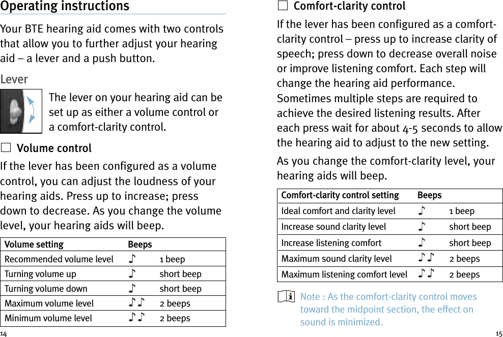 Comfort-clarity controlIf the lever has been configured as a comfort-clarity control – press up to increase clarity ofspeech; press down to decrease overall noiseor improve listening comfort. Each step willchange the hearing aid performance.Sometimes multiple steps are required toachieve the desired listening results. Aftereach press wait for about 4-5 seconds to allowthe hearing aid to adjust to the new setting.As you change the comfort-clarity level, yourhearing aids will beep.Note : As the comfort-clarity control movestoward the midpoint section, the effect onsound is minimized.Operating instructionsYour BTE hearing aid comes with two controlsthat allow you to further adjust your hearingaid – a lever and a push button.LeverThe lever on your hearing aid can beset up as either a volume control ora comfort-clarity control.Volume controlIf the lever has been configured as a volumecontrol, you can adjust the loudness of yourhearing aids. Press up to increase; pressdown to decrease. As you change the volumelevel, your hearing aids will beep.14Comfort-clarity control setting BeepsIdeal comfort and clarity level 1 beepIncrease sound clarity level short beepIncrease listening comfort short beepMaximum sound clarity level 2 beepsMaximum listening comfort level 2 beeps15Volume setting BeepsRecommended volume level 1 beepTurning volume up short beepTurning volume down short beepMaximum volume level 2 beepsMinimum volume level 2 beeps