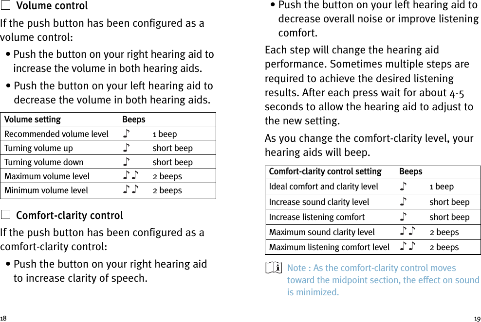 • Push the button on your left hearing aid todecrease overall noise or improve listeningcomfort.Each step will change the hearing aidperformance. Sometimes multiple steps arerequired to achieve the desired listeningresults. After each press wait for about 4-5seconds to allow the hearing aid to adjust tothe new setting.As you change the comfort-clarity level, yourhearing aids will beep.Note : As the comfort-clarity control movestoward the midpoint section, the effect on soundis minimized.Volume controlIf the push button has been configured as avolume control:• Push the button on your right hearing aid toincrease the volume in both hearing aids.• Push the button on your left hearing aid todecrease the volume in both hearing aids.Comfort-clarity controlIf the push button has been configured as acomfort-clarity control:• Push the button on your right hearing aidto increase clarity of speech.18 19Comfort-clarity control setting BeepsIdeal comfort and clarity level 1 beepIncrease sound clarity level short beepIncrease listening comfort short beepMaximum sound clarity level 2 beepsMaximum listening comfort level 2 beepsVolume setting BeepsRecommended volume level 1 beepTurning volume up short beepTurning volume down short beepMaximum volume level 2 beepsMinimum volume level 2 beeps