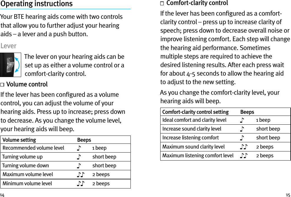 14 15Operating instructionsYour BTE hearing aids come with two controls that allow you to further adjust your hearing aids – a lever and a push button.LeverThe lever on your hearing aids can be set up as either a volume control or a comfort-clarity control.    Volume control If the lever has been conﬁgured as a volume control, you can adjust the volume of your hearing aids. Press up to increase; press down to decrease. As you change the volume level, your hearing aids will beep. Volume setting BeepsRecommended volume level 1 beepTurning volume up short beepTurning volume down short beepMaximum volume level 2 beepsMinimum volume level 2 beeps  Comfort-clarity control If the lever has been conﬁgured as a comfort-clarity control – press up to increase clarity of speech; press down to decrease overall noise or improve listening comfort. Each step will change the hearing aid performance. Sometimes multiple steps are required to achieve the desired listening results. After each press wait for about 4-5 seconds to allow the hearing aid to adjust to the new setting.As you change the comfort-clarity level, your hearing aids will beep. Comfort-clarity control setting BeepsIdeal comfort and clarity level 1 beepIncrease sound clarity level short beepIncrease listening comfort short beepMaximum sound clarity level 2 beepsMaximum listening comfort level 2 beeps