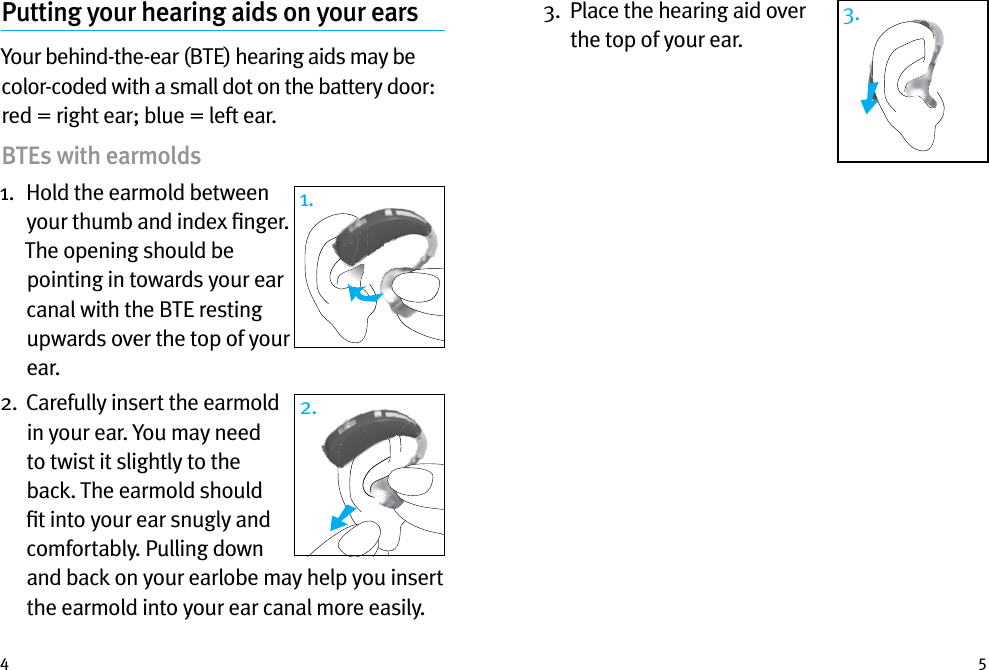 4 53.   Place the hearing aid over the top of your ear.Putting your hearing aids on your earsYour behind-the-ear (BTE) hearing aids may be color-coded with a small dot on the battery door:  red = right ear; blue = left ear. BTEs with earmolds1.   Hold the earmold between your thumb and index ﬁnger. The opening should be pointing in towards your ear canal with the BTE resting upwards over the top of your ear. 2.   Carefully insert the earmold in your ear. You may need to twist it slightly to the back. The earmold should ﬁt into your ear snugly and comfortably. Pulling down and back on your earlobe may help you insert the earmold into your ear canal more easily.1.2.3.