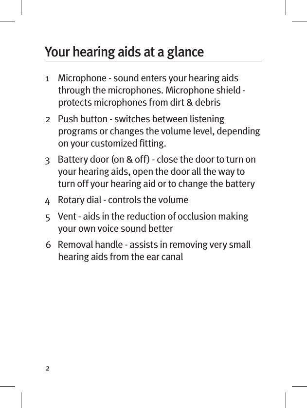 2Your hearing aids at a glance1    Microphone - sound enters your hearing aids through the microphones. Microphone shield - protects microphones from dirt &amp; debris2    Push button - switches between listening programs or changes the volume level, depending on your customized ﬁtting. 3    Battery door (on &amp; off) - close the door to turn on your hearing aids, open the door all the way to turn off your hearing aid or to change the battery4    Rotary dial - controls the volume5    Vent - aids in the reduction of occlusion making your own voice sound better6   Removal handle - assists in removing very small hearing aids from the ear canal