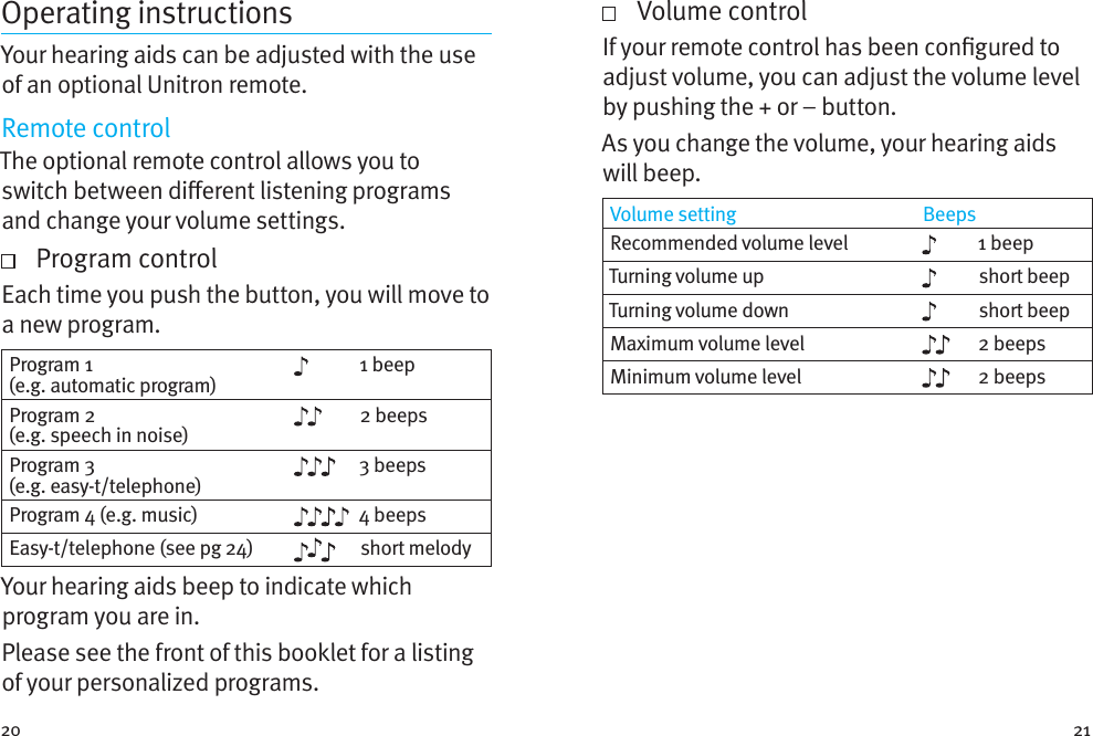 20 21Operating instructionsYour hearing aids can be adjusted with the use of an optional Unitron remote.Remote controlThe optional remote control allows you to switch between dierent listening programs and change your volume settings.    Program controlEach time you push the button, you will move to a new program.  Program 1 (e.g. automatic program)1 beepProgram 2 (e.g. speech in noise)2 beepsProgram 3 (e.g. easy-t/telephone)3 beepsProgram 4 (e.g. music) 4 beepsEasy-t/telephone (see pg 24) short melodyYour hearing aids beep to indicate which program you are in.Please see the front of this booklet for a listing of your personalized programs.    Volume controlIf your remote control has been congured to adjust volume, you can adjust the volume level by pushing the + or – button.As you change the volume, your hearing aids will beep. Volume setting BeepsRecommended volume level 1 beepTurning volume up short beepTurning volume down short beepMaximum volume level 2 beepsMinimum volume level 2 beeps