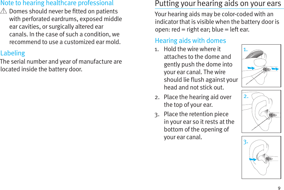 9Putting your hearing aids on your earsYour hearing aids may be color-coded with an indicator that is visible when the battery door is open: red = right ear; blue = le ear. Hearing aids with domes1.   Hold the wire where it attaches to the dome and gently push the dome into your ear canal. The wire should lie flush against your head and not stick out.2.   Place the hearing aid over the top of your ear.3.   Place the retention piece in your ear so it rests at the bottom of the opening of your ear canal.1.2.3.Note to hearing healthcare professional   Domes should never be tted on patients with perforated eardrums, exposed middle ear cavities, or surgically altered ear canals. In the case of such a condition, we recommend to use a customized ear mold.LabelingThe serial number and year of manufacture are located inside the battery door.