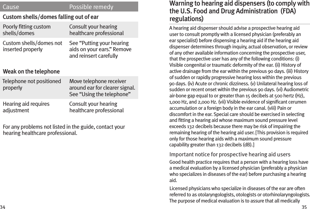 34 35Cause Possible remedyCustom shells/domes falling out of earPoorly ﬁtting custom shells/domesConsult your hearing healthcare professionalCustom shells/domes not inserted properlySee “Putting your hearing aids on your ears.” Remove and reinsert carefullyWeak on the telephoneTelephone not positioned properlyMove telephone receiver around ear for clearer signal. See “Using the telephone”Hearing aid requires adjustmentConsult your hearing healthcare professionalFor any problems not listed in the guide, contact your hearing healthcare professional. Warning to hearing aid dispensers (to comply with the U.S. Food and Drug Administration  (FDA) regulations) A hearing aid dispenser should advise a prospective hearing aid user to consult promptly with a licensed physician (preferably an ear specialist) before dispensing a hearing aid if the hearing aid dispenser determines through inquiry, actual observation, or review of any other available information concerning the prospective user, that the prospective user has any of the following conditions: (i) Visible congenital or traumatic deformity of the ear. (ii) History of active drainage from the ear within the previous 90 days. (iii) History of sudden or rapidly progressive hearing loss within the previous 90 days. (iv) Acute or chronic dizziness. (v) Unilateral hearing loss of sudden or recent onset within the previous 90 days. (vi) Audiometric air-bone gap equal to or greater than 15 decibels at 500 hertz (Hz), 1,000 Hz, and 2,000 Hz. (vii) Visible evidence of signiﬁcant cerumen accumulation or a foreign body in the ear canal. (viii) Pain or discomfort in the ear. Special care should be exercised in selecting and ﬁtting a hearing aid whose maximum sound pressure level exceeds 132 decibels because there may be risk of impairing the remaining hearing of the hearing aid user. [This provision is required only for those hearing aids with a maximum sound pressure capability greater than 132 decibels (dB).]Important notice for prospective hearing aid users Good health practice requires that a person with a hearing loss have a medical evaluation by a licensed physician (preferably a physician who specializes in diseases of the ear) before purchasing a hearing aid.Licensed physicians who specialize in diseases of the ear are often referred to as otolaryngologists, otologists or otorhinolaryngologists. The purpose of medical evaluation is to assure that all medically 