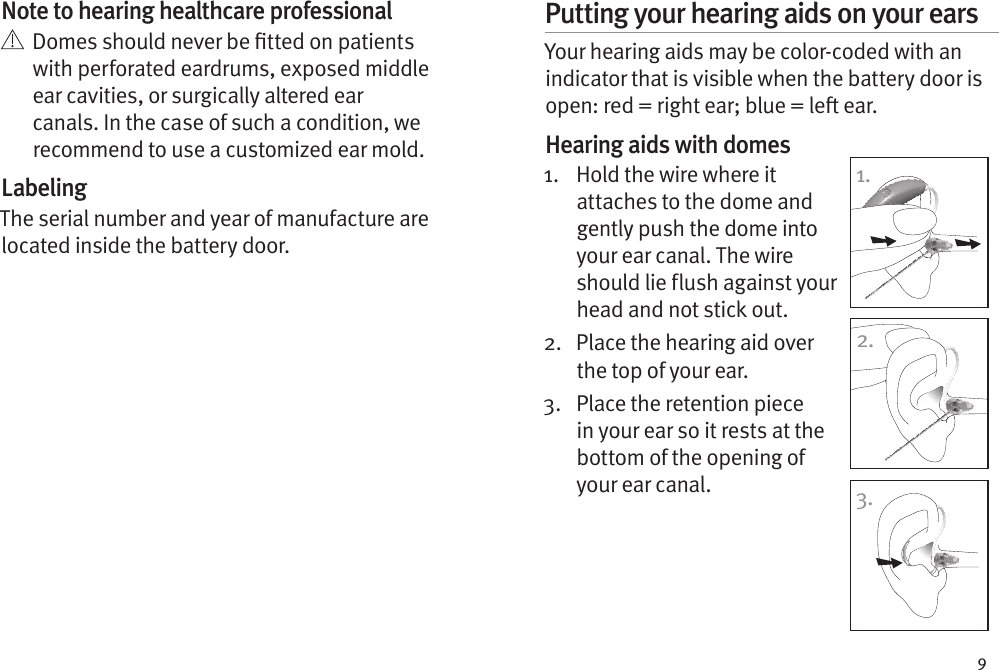 9Putting your hearing aids on your earsYour hearing aids may be color-coded with an indicator that is visible when the battery door is open: red = right ear; blue = le ear. Hearing aids with domes1.   Hold the wire where it attaches to the dome and gently push the dome into your ear canal. The wire should lie flush against your head and not stick out.2.   Place the hearing aid over the top of your ear.3.   Place the retention piece in your ear so it rests at the bottom of the opening of your ear canal.1.2.3.Note to hearing healthcare professional   Domes should never be tted on patients with perforated eardrums, exposed middle ear cavities, or surgically altered ear canals. In the case of such a condition, we recommend to use a customized ear mold.LabelingThe serial number and year of manufacture are located inside the battery door.