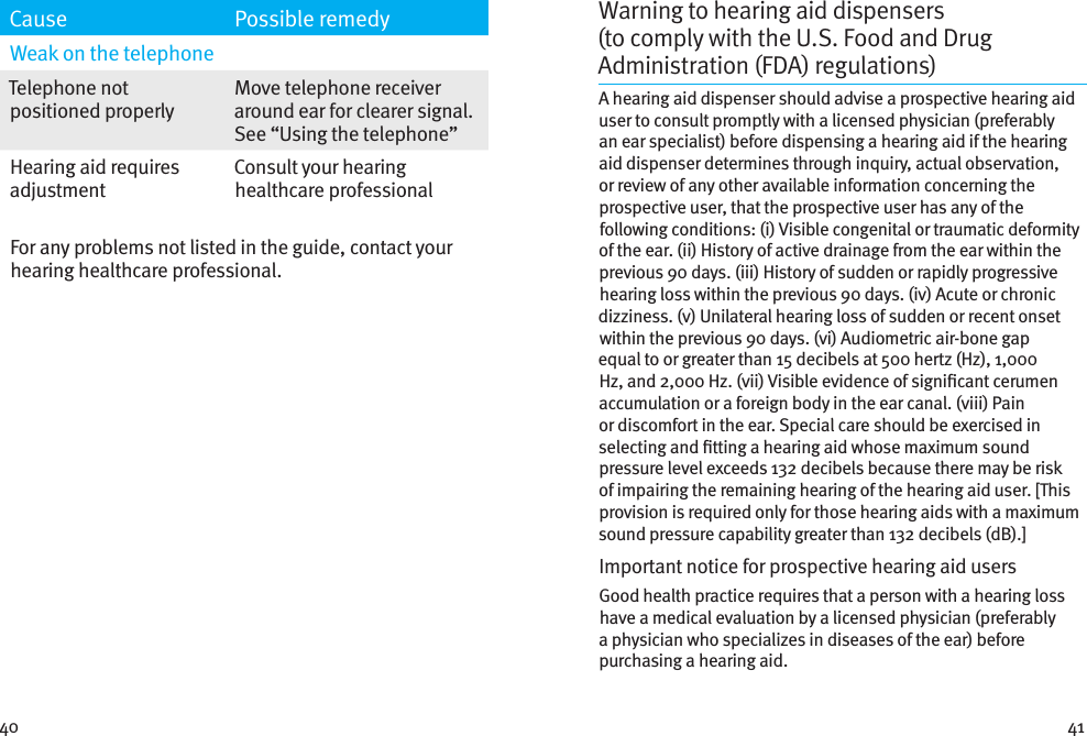 40 41Cause Possible remedyWeak on the telephoneTelephone not positioned properlyMove telephone receiver around ear for clearer signal. See “Using the telephone”Hearing aid requires adjustmentConsult your hearing healthcare professionalFor any problems not listed in the guide, contact your hearing healthcare professional. Warning to hearing aid dispensers (tocomplywith the U.S. Food and Drug Administration (FDA) regulations) A hearing aid dispenser should advise a prospective hearing aid user to consult promptly with a licensed physician (preferably an ear specialist) before dispensing a hearing aid if the hearing aid dispenser determines through inquiry, actual observation, or review of any other available information concerning the prospective user, that the prospective user has any of the following conditions: (i) Visible congenital or traumatic deformity of the ear. (ii) History of active drainage from the ear within the previous 90 days. (iii) History of sudden or rapidly progressive hearing loss within the previous 90 days. (iv) Acute or chronic dizziness. (v) Unilateral hearing loss of sudden or recent onset within the previous 90 days. (vi) Audiometric air-bone gap equal to or greater than 15 decibels at 500 hertz (Hz), 1,000 Hz, and 2,000 Hz. (vii) Visible evidence of signicant cerumen accumulation or a foreign body in the ear canal. (viii) Pain or discomfort in the ear. Special care should be exercised in selecting and tting a hearing aid whose maximum sound pressure level exceeds 132 decibels because there may be risk of impairing the remaining hearing of the hearing aid user. [This provision is required only for those hearing aids with a maximum sound pressure capability greater than 132 decibels (dB).]Important notice for prospective hearing aid users Good health practice requires that a person with a hearing loss have a medical evaluation by a licensed physician (preferably a physician who specializes in diseases of the ear) before purchasing a hearing aid.