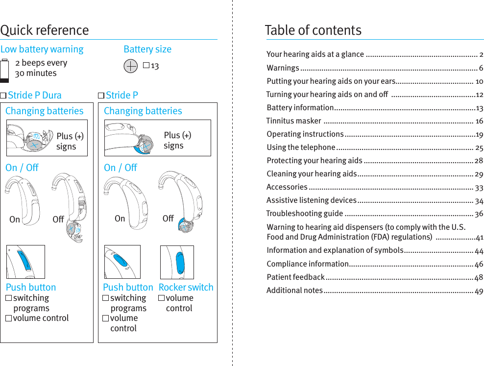 Quick referenceLow battery warning  Battery size2 beeps every  30 minutes  13Table of contentsYour hearing aids at a glance ..................................................... 2Warnings .................................................................................... 6Putting your hearing aids on your ears..................................... 10Turning your hearingaids onando  ........................................12Battery information ...................................................................13Tinnitus masker  ....................................................................... 16Operating instructions ..............................................................19Using the telephone ................................................................. 25Protecting your hearing aids .................................................... 28Cleaning your hearing aids ....................................................... 29Accessories .............................................................................. 33Assistive listening devices ....................................................... 34Troubleshooting guide .............................................................36Warning to hearing aid dispensers (tocomplywith the U.S. Food and Drug Administration (FDA) regulations)  ...................41Information and explanation of symbols ................................. 44Compliance information ...........................................................46Patient feedback ...................................................................... 48Additional notes ....................................................................... 49Changing batteries Changing batteriesOn / O On / O Stride P Dura  Stride PPush button   switching programs   volume controlPush button   switching programs    volume controlRocker switch   volume controlPlus (+) signsPlus (+) signsOOOn On