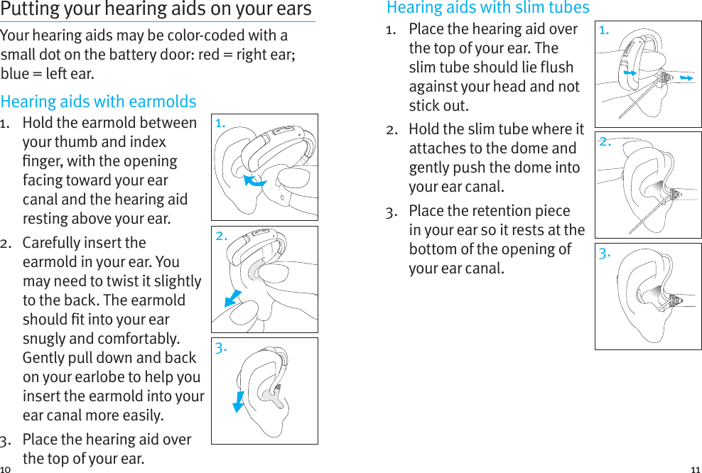 10 11Putting your hearing aids on your earsYour hearing aids may be color-coded with a small dot on the battery door: red = right ear; blue = le ear. Hearing aids with earmolds1.   Hold the earmold between your thumb and index nger, with the opening facing toward your ear canal and the hearing aid resting above your ear. 2.   Carefully insert the earmold in your ear. You may need to twist it slightly to the back. The earmold should t into your ear snugly and comfortably. Gently pull down and back on your earlobe to help you insert the earmold into your ear canal more easily.3.   Place the hearing aid over the top of your ear.Hearing aids with slim tubes 1.    Place the hearing aid over the top of your ear. The slim tube should lie flush against your head and not stick out. 2.   Hold the slim tube where it attaches to the dome and gently push the dome into your ear canal.3.   Place the retention piece in your ear so it rests at the bottom of the opening of your ear canal.1.3.2.1.2.3.