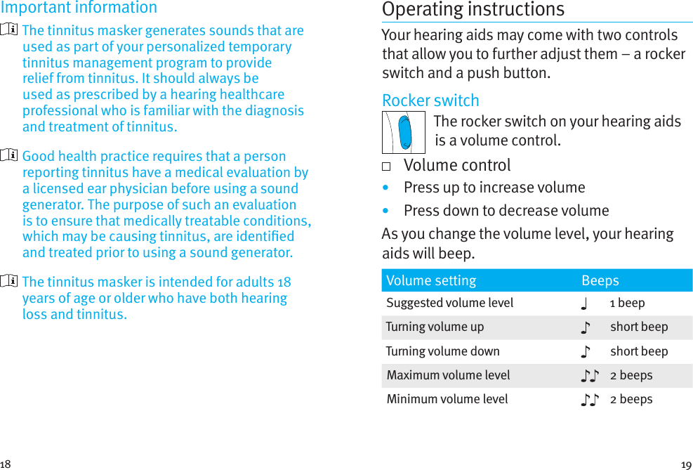 18 19Important information  The tinnitus masker generates sounds that are used as part of your personalized temporary tinnitus management program to provide relief from tinnitus. It should always be used as prescribed by a hearing healthcare professional who is familiar with the diagnosis and treatment of tinnitus.  Good health practice requires that a person reporting tinnitus have a medical evaluation by a licensed ear physician before using a sound generator. The purpose of such an evaluation is to ensure that medically treatable conditions, which may be causing tinnitus, are identied and treated prior to using a sound generator.  The tinnitus masker is intended for adults 18 years of age or older who have both hearing loss and tinnitus.Operating instructionsYour hearing aids may come with two controls that allow you to further adjust them – a rocker switch and a push button.Rocker switchThe rocker switch on your hearing aids is a volume control.   Volume control•  Press up to increase volume•  Press down to decrease volumeAs you change the volume level, your hearing aids will beep.Volume setting BeepsSuggested volume level 1 beepTurning volume up short beepTurning volume down short beepMaximum volume level 2 beepsMinimum volume level 2 beeps