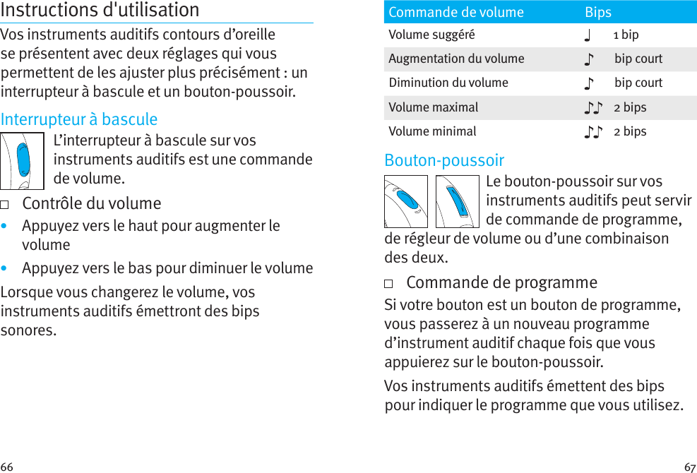 66 67Instructions d&apos;utilisationVos instruments auditifs contours d’oreille se présentent avec deux réglages qui vous permettent de les ajuster plus précisément : un interrupteur à bascule et un bouton-poussoir.Interrupteur à basculeL’interrupteur à bascule sur vos instruments auditifs est une commande de volume.   Contrôle du volume•  Appuyez vers le haut pour augmenter le volume•  Appuyez vers le bas pour diminuer le volumeLorsque vous changerez le volume, vos instruments auditifs émettront des bips sonores.Commande de volume BipsVolume suggéré 1 bipAugmentation du volume bip courtDiminution du volume bip courtVolume maximal 2 bipsVolume minimal 2 bipsBouton-poussoirLe bouton-poussoir sur vos instruments auditifs peut servir de commande de programme, de régleur de volume ou d’une combinaison desdeux.   Commande de programmeSi votre bouton est un bouton de programme, vous passerez à un nouveau programme d’instrument auditif chaque fois que vous appuierez sur le bouton-poussoir.  Vos instruments auditifs émettent des bips pour indiquer le programme que vous utilisez.