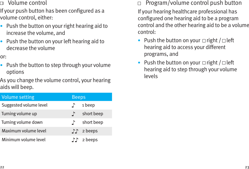 22 23   Volume controlIf your push button has been congured as a volume control, either:•  Push the button on your right hearing aid to increase the volume, and•  Push the button on your le hearing aid to decrease the volumeor: •  Push the button to step through your volume optionsAs you change the volume control, your hearing aids will beep. Volume setting BeepsSuggested volume level 1 beepTurning volume up short beepTurning volume down short beepMaximum volume level 2 beepsMinimum volume level 2 beeps   Program/volume control push buttonIf your hearing healthcare professional has congured one hearing aid to be a program control and the other hearing aid to be a volume control: •  Push the button on your    right /   le hearing aid to access your dierent programs, and•  Push the button on your    right /   le hearing aid to step through your volume levels