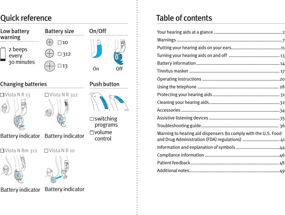 Quick reference2 beeps every  30 minutesTable of contentsYour hearing aids at a glance ...........................................................2Warnings ...........................................................................................7Putting your hearing aids on your ears...........................................11Turning your hearing aids on and off  ............................................ 13Battery information ........................................................................ 14Tinnitus masker  .............................................................................. 17Operating instructions ...................................................................20Using the telephone ...................................................................... 28Protecting your hearing aids .......................................................... 31Cleaning your hearing aids .............................................................32Accessories .....................................................................................34Assistive listening devices .............................................................35Troubleshooting guide ................................................................... 36Warning to hearing aid dispensers (to comply with the U.S. Food and Drug Administration (FDA) regulations)  ................................ 41Information and explanation of symbols ......................................44Compliance information .................................................................46Patient feedback ............................................................................ 48Additional notes ..............................................................................49Changing batteries Push button Vista N R 13  Vista N R 312 Vista N Rm 312  Vista N R 10  s w i t c h i n g  programs   volume controlBattery indicator Battery indicatorBattery indicatorBattery indicatorOffOnLow battery warningBattery size On/Off 10 312 13