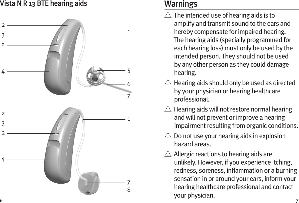 6 7Warnings   The intended use of hearing aids is to amplify and transmit sound to the ears and hereby compensate for impaired hearing. The hearing aids (specially programmed for each hearing loss) must only be used by the intended person. They should not be used by any other person as they could damage hearing.   Hearing aids should only be used as directed by your physician or hearing healthcare professional.    Hearing aids will not restore normal hearing and will not prevent or improve a hearing impairment resulting from organic conditions.    Do not use your hearing aids in explosion hazard areas.    Allergic reactions to hearing aids are unlikely. However, if you experience itching, redness, soreness, inﬂammation or a burning sensation in or around your ears, inform your hearing healthcare professional and contact your physician.222233445168771Vista N R 13 BTE hearing aids