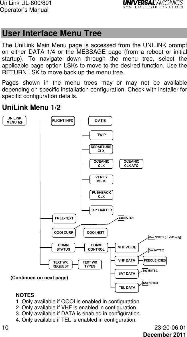UniLink UL-800/801  Operator’s Manual   10 23-20-06.01   December 2011  User Interface Menu Tree The UniLink Main Menu page is accessed from the UNILINK prompt on  either  DATA  1/4  or  the  MESSAGE  page  (from  a  reboot  or  initial startup).  To  navigate  down  through  the  menu  tree,  select  the applicable page option LSKs to move to the desired function. Use the RETURN LSK to move back up the menu tree. Pages  shown  in  the  menu  trees  may  or  may  not  be  available depending on specific installation configuration. Check with installer for specific configuration details. UniLink Menu 1/2  NOTES: 1. Only available if OOOI is enabled in configuration. 2. Only available if VHF is enabled in configuration. 3. Only available if DATA is enabled in configuration. 4. Only available if TEL is enabled in configuration.  (Continued on next page) 