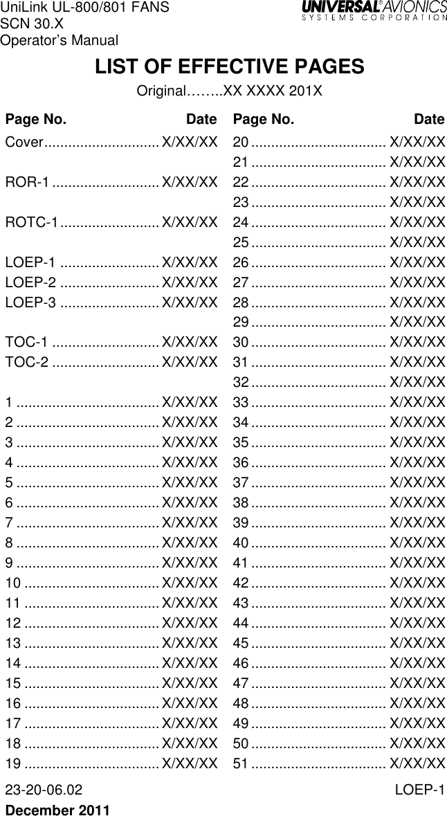 UniLink UL-800/801 FANS SCN 30.X Operator’s Manual   23-20-06.02  LOEP-1 December 2011   LIST OF EFFECTIVE PAGES Original……..XX XXXX 201X Page No.  Date Page No.  Date Cover ............................. X/XX/XX 20 .................................. X/XX/XX   21 .................................. X/XX/XX ROR-1 ........................... X/XX/XX 22 .................................. X/XX/XX   23 .................................. X/XX/XX ROTC-1 ......................... X/XX/XX 24 .................................. X/XX/XX   25 .................................. X/XX/XX LOEP-1 ......................... X/XX/XX 26 .................................. X/XX/XX LOEP-2 ......................... X/XX/XX 27 .................................. X/XX/XX LOEP-3 ......................... X/XX/XX 28 .................................. X/XX/XX   29 .................................. X/XX/XX TOC-1 ........................... X/XX/XX 30 .................................. X/XX/XX TOC-2 ........................... X/XX/XX 31 .................................. X/XX/XX   32 .................................. X/XX/XX 1 .................................... X/XX/XX 33 .................................. X/XX/XX 2 .................................... X/XX/XX 34 .................................. X/XX/XX 3 .................................... X/XX/XX 35 .................................. X/XX/XX 4 .................................... X/XX/XX 36 .................................. X/XX/XX 5 .................................... X/XX/XX 37 .................................. X/XX/XX 6 .................................... X/XX/XX 38 .................................. X/XX/XX 7 .................................... X/XX/XX 39 .................................. X/XX/XX 8 .................................... X/XX/XX 40 .................................. X/XX/XX 9 .................................... X/XX/XX 41 .................................. X/XX/XX 10 .................................. X/XX/XX 42 .................................. X/XX/XX 11 .................................. X/XX/XX 43 .................................. X/XX/XX 12 .................................. X/XX/XX 44 .................................. X/XX/XX 13 .................................. X/XX/XX 45 .................................. X/XX/XX 14 .................................. X/XX/XX 46 .................................. X/XX/XX 15 .................................. X/XX/XX 47 .................................. X/XX/XX 16 .................................. X/XX/XX 48 .................................. X/XX/XX 17 .................................. X/XX/XX 49 .................................. X/XX/XX 18 .................................. X/XX/XX 50 .................................. X/XX/XX 19 .................................. X/XX/XX 51 .................................. X/XX/XX 