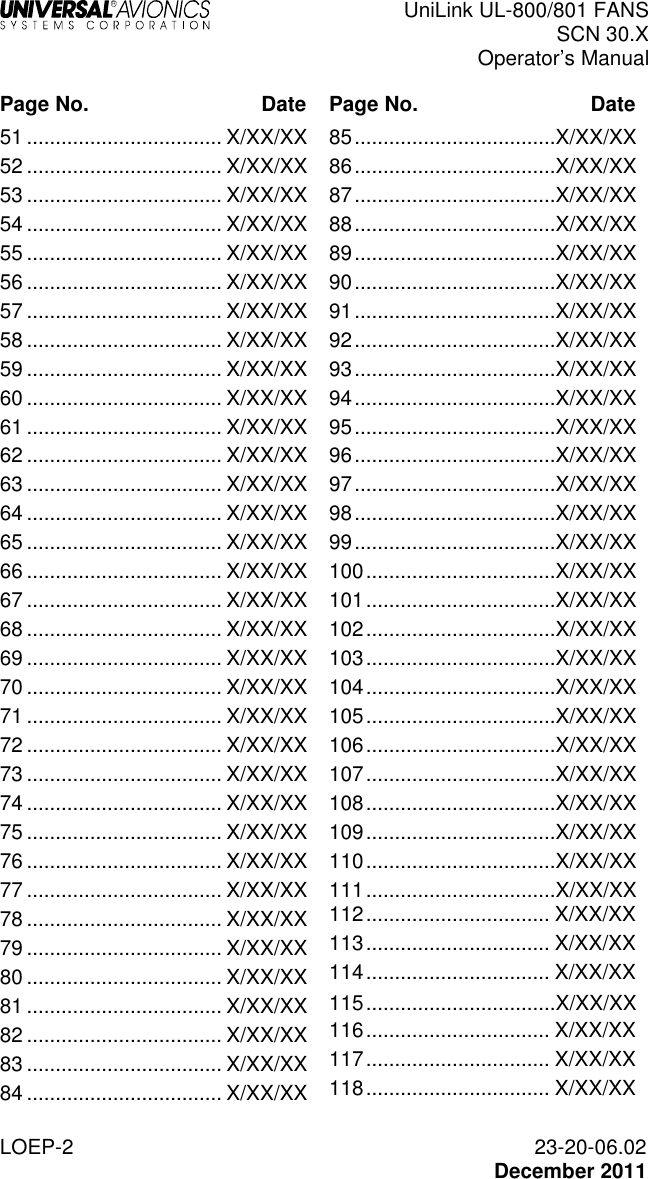  UniLink UL-800/801 FANS SCN 30.X Operator’s Manual  LOEP-2 23-20-06.02  December 2011 Page No.  Date Page No.  Date 51 .................................. X/XX/XX 85 ...................................X/XX/XX 52 .................................. X/XX/XX 86 ...................................X/XX/XX 53 .................................. X/XX/XX 87 ...................................X/XX/XX 54 .................................. X/XX/XX 88 ...................................X/XX/XX 55 .................................. X/XX/XX 89 ...................................X/XX/XX 56 .................................. X/XX/XX 90 ...................................X/XX/XX 57 .................................. X/XX/XX 91 ...................................X/XX/XX 58 .................................. X/XX/XX 92 ...................................X/XX/XX 59 .................................. X/XX/XX 93 ...................................X/XX/XX 60 .................................. X/XX/XX 94 ...................................X/XX/XX 61 .................................. X/XX/XX 95 ...................................X/XX/XX 62 .................................. X/XX/XX 96 ...................................X/XX/XX 63 .................................. X/XX/XX 97 ...................................X/XX/XX 64 .................................. X/XX/XX 98 ...................................X/XX/XX 65 .................................. X/XX/XX 99 ...................................X/XX/XX 66 .................................. X/XX/XX 100 .................................X/XX/XX 67 .................................. X/XX/XX 101 .................................X/XX/XX 68 .................................. X/XX/XX 102 .................................X/XX/XX 69 .................................. X/XX/XX 103 .................................X/XX/XX 70 .................................. X/XX/XX 104 .................................X/XX/XX 71 .................................. X/XX/XX 105 .................................X/XX/XX 72 .................................. X/XX/XX 106 .................................X/XX/XX 73 .................................. X/XX/XX 107 .................................X/XX/XX 74 .................................. X/XX/XX 108 .................................X/XX/XX 75 .................................. X/XX/XX 109 .................................X/XX/XX 76 .................................. X/XX/XX 110 .................................X/XX/XX 77 .................................. X/XX/XX 111 .................................X/XX/XX 78 .................................. X/XX/XX 112 ................................ X/XX/XX 79 .................................. X/XX/XX 113 ................................ X/XX/XX 80 .................................. X/XX/XX 114 ................................ X/XX/XX 81 .................................. X/XX/XX 115 .................................X/XX/XX 82 .................................. X/XX/XX 116 ................................ X/XX/XX 83 .................................. X/XX/XX 117 ................................ X/XX/XX 84 .................................. X/XX/XX 118 ................................ X/XX/XX  