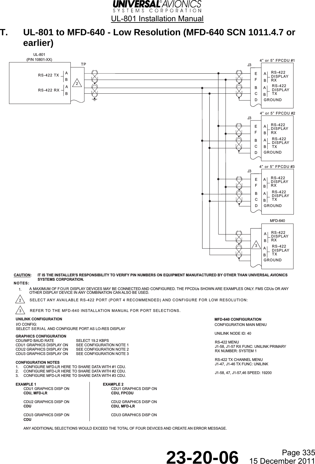  UL-801 Installation Manual  Page 335  23-20-06  15 December 2011 T.  UL-801 to MFD-640 - Low Resolution (MFD-640 SCN 1011.4.7 or earlier)    RS-422 TXTPUL-801(P/N 10801-XX)2RS-422 RXJ3EDCBFJ3EDCBFJ3EDCBFRS-422DISPLAYTXRS-422DISPLAYRXGROUNDRS-422DISPLAYTXRS-422DISPLAYRXGROUNDRS-422DISPLAYTXRS-422DISPLAYRXGROUNDRS-422DISPLAYTXRS-422DISPLAYRXGROUND4 or 5 FPCDU #14 or 5 FPCDU #2MFD-6404 or 5 FPCDU #3NOTES:1.A MAXIMUM OF FOUR DISPLAY DEVICES MAY BE CONNECTED AND CONFIGURED. THE FPCDUs SHOWN ARE EXAMPLES ONLY. FMS CDUs OR ANYOTHER DISPLAY DEVICE IN ANY COMBINATION CAN ALSO BE USED.2SELECT ANY AVAILABLE RS-422 PORT (PORT 4 RECOMMENDED) AND CONFIGURE FOR LOW RESOLUTION:CAUTION:  IT IS THE INSTALLER&apos;S RESPONSIBILITY TO VERIFY PIN NUMBERS ON EQUIPMENT MANUFACTURED BY OTHER THAN UNIVERSAL AVIONICS SYSTEMS CORPORATION.SELECT SERIAL AND CONFIGURE PORT AS LO-RES DISPLAYI/O CONFIG:UNILINK CONFIGURATIONGRAPHICS CONFIGURATIONCDU/MFD BAUD RATE SELECT 19.2 KBPSCDU1 GRAPHICS DISPLAY ON SEE CONFIGURATION NOTE 1CDU2 GRAPHICS DISPLAY ON SEE CONFIGURATION NOTE 2CDU3 GRAPHICS DISPLAY ON SEE CONFIGURATION NOTE 3CONFIGURATION NOTES1. CONFIGURE MFD-LR HERE TO SHARE DATA WITH #1 CDU.2. CONFIGURE MFD-LR HERE TO SHARE DATA WITH #2 CDU.3. CONFIGURE MFD-LR HERE TO SHARE DATA WITH #3 CDU.EXAMPLE 1 EXAMPLE 2CDU1 GRAPHICS DISP ON CDU1 GRAPHICS DISP ONCDU, MFD-LR CDU, FPCDUCDU2 GRAPHICS DISP ON CDU2 GRAPHICS DISP ONCDU CDU, MFD-LRCDU3 GRAPHICS DISP ON CDU3 GRAPHICS DISP ONCDUANY ADDITIONAL SELECTIONS WOULD EXCEED THE TOTAL OF FOUR DEVICES AND CREATE AN ERROR MESSAGE.ABABABABABABABABABAB33REFER TO THE MFD-640 INSTALLATION MANUAL FOR PORT SELECTIONS.RS-422 MENUJ1-58, J1-57 RX FUNC: UNILINK PRIMARYRX NUMBER: SYSTEM 1RS-422 TX CHANNEL MENUJ1-47, J1-46 TX FUNC: UNILINKJ1-58, 47, J1-57,46 SPEED: 19200MFD-640 CONFIGURATIONCONFIGURATION MAIN MENUUNILINK NODE ID: 40