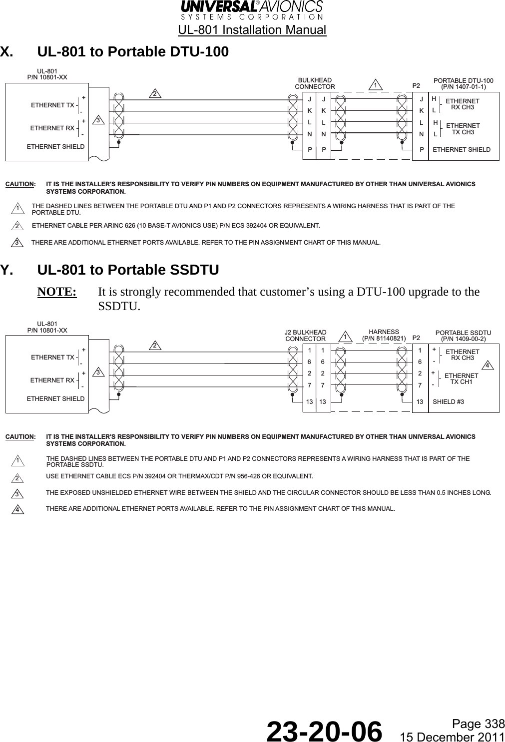  UL-801 Installation Manual  Page 338  23-20-06  15 December 2011 X.  UL-801 to Portable DTU-100  Y.  UL-801 to Portable SSDTU NOTE:  It is strongly recommended that customer’s using a DTU-100 upgrade to the SSDTU.     PORTABLE DTU-100(P/N 1407-01-1)-+-+ETHERNET SHIELD12THE DASHED LINES BETWEEN THE PORTABLE DTU AND P1 AND P2 CONNECTORS REPRESENTS A WIRING HARNESS THAT IS PART OF THEPORTABLE DTU.12ETHERNET CABLE PER ARINC 626 (10 BASE-T AVIONICS USE) P/N ECS 392404 OR EQUIVALENT.CAUTION:  IT IS THE INSTALLER&apos;S RESPONSIBILITY TO VERIFY PIN NUMBERS ON EQUIPMENT MANUFACTURED BY OTHER THAN UNIVERSAL AVIONICS         SYSTEMS CORPORATION.UL-801P/N 10801-XX3ETHERNET RXETHERNET TX KLNJPETHERNETRX CH3HLHLETHERNETTX CH3ETHERNET SHIELDBULKHEADCONNECTOR P2KLNJPKLNJPTHERE ARE ADDITIONAL ETHERNET PORTS AVAILABLE. REFER TO THE PIN ASSIGNMENT CHART OF THIS MANUAL.362716271PORTABLE SSDTU(P/N 1409-00-2)-+-+ETHERNET SHIELD12THE DASHED LINES BETWEEN THE PORTABLE DTU AND P1 AND P2 CONNECTORS REPRESENTS A WIRING HARNESS THAT IS PART OF THEPORTABLE SSDTU.12USE ETHERNET CABLE ECS P/N 392404 OR THERMAX/CDT P/N 956-426 OR EQUIVALENT.CAUTION:  IT IS THE INSTALLER&apos;S RESPONSIBILITY TO VERIFY PIN NUMBERS ON EQUIPMENT MANUFACTURED BY OTHER THAN UNIVERSAL AVIONICS         SYSTEMS CORPORATION.UL-801P/N 10801-XX334THE EXPOSED UNSHIELDED ETHERNET WIRE BETWEEN THE SHIELD AND THE CIRCULAR CONNECTOR SHOULD BE LESS THAN 0.5 INCHES LONG.THERE ARE ADDITIONAL ETHERNET PORTS AVAILABLE. REFER TO THE PIN ASSIGNMENT CHART OF THIS MANUAL.ETHERNET RXETHERNET TX13 13ETHERNETRX CH3+-+-ETHERNETTX CH16271SHIELD #3413J2 BULKHEADCONNECTORHARNESS(P/N 81140821) P2