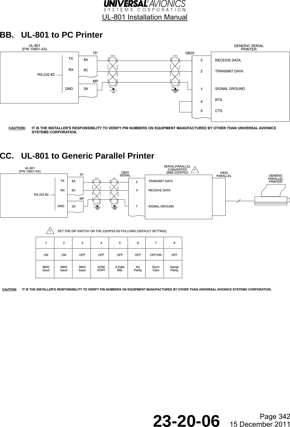  UL-801 Installation Manual  Page 342  23-20-06  15 December 2011  BB.  UL-801 to PC Printer   CC.  UL-801 to Generic Parallel Printer   8A 3 RECEIVE DATA8C 2 TRANSMIT DATA3A 7SIGNAL GROUNDTPUL-801(P/N 10801-XX) GENERIC SERIALPRINTERMPDB254RTS5 CTSCAUTION:  IT IS THE INSTALLER&apos;S RESPONSIBILITY TO VERIFY PIN NUMBERS ON EQUIPMENT MANUFACTURED BY OTHER THAN UNIVERSAL AVIONICS SYSTEMS CORPORATION.TXRS-232 #2RXGND8A 2TRANSMIT DATA8C 3 RECEIVE DATA3A 7 SIGNAL GROUNDTPUL-801(P/N 10801-XX)SERIAL/PARALLELCONVERTER(B&amp;B 232SPS2)MPDB25SERIAL DB25PARALLEL GENERICPARALLELPRINTER11ON9600baud2ON9600baud3OFF9600baud4OFFXON/XOFF5OFF8 DataBits6OFFNoParity7OFF/ONDontCare8OFFSerial/Parity1SET THE DIP SWITCH ON THE 232SPS2 AS FOLLOWS (DEFAULT SETTING):CAUTION:  IT IS THE INSTALLER&apos;S RESPONSIBILITY TO VERIFY PIN NUMBERS ON EQUIPMENT MANUFACTURED BY OTHER THAN UNIVERSAL AVIONICS SYSTEMS CORPORATION.TXRS-232 #2RXGND
