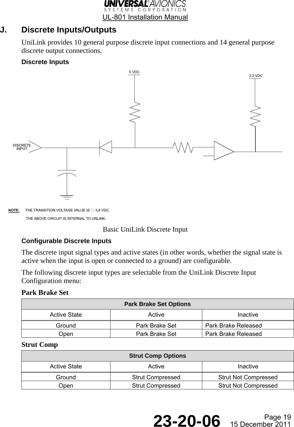  UL-801 Installation Manual  Page 19  23-20-06  15 December 2011 J. Discrete Inputs/Outputs UniLink provides 10 general purpose discrete input connections and 14 general purpose discrete output connections. Discrete Inputs  Basic UniLink Discrete Input Configurable Discrete Inputs The discrete input signal types and active states (in other words, whether the signal state is active when the input is open or connected to a ground) are configurable. The following discrete input types are selectable from the UniLink Discrete Input Configuration menu: Park Brake Set Park Brake Set Options Active State  Active  Inactive Ground  Park Brake Set  Park Brake Released Open  Park Brake Set  Park Brake Released  Strut Comp Strut Comp Options Active State  Active  Inactive Ground  Strut Compressed  Strut Not Compressed Open  Strut Compressed  Strut Not Compressed    5 VDC3.3 VDCDISCRETEINPUTNOTE: THE TRANSITION VOLTAGE VALUE IS   3.8 VDC.THE ABOVE CIRCUIT IS INTERNAL TO UNLINK.