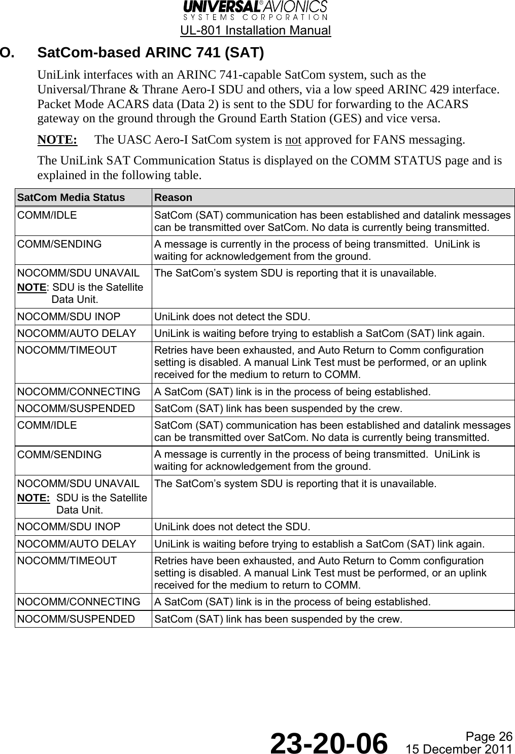  UL-801 Installation Manual  Page 26  23-20-06  15 December 2011 O.  SatCom-based ARINC 741 (SAT) UniLink interfaces with an ARINC 741-capable SatCom system, such as the Universal/Thrane &amp; Thrane Aero-I SDU and others, via a low speed ARINC 429 interface. Packet Mode ACARS data (Data 2) is sent to the SDU for forwarding to the ACARS gateway on the ground through the Ground Earth Station (GES) and vice versa. NOTE:  The UASC Aero-I SatCom system is not approved for FANS messaging. The UniLink SAT Communication Status is displayed on the COMM STATUS page and is explained in the following table. SatCom Media Status  Reason COMM/IDLE  SatCom (SAT) communication has been established and datalink messages can be transmitted over SatCom. No data is currently being transmitted. COMM/SENDING  A message is currently in the process of being transmitted.  UniLink is waiting for acknowledgement from the ground. NOCOMM/SDU UNAVAIL NOTE: SDU is the Satellite Data Unit. The SatCom’s system SDU is reporting that it is unavailable. NOCOMM/SDU INOP  UniLink does not detect the SDU. NOCOMM/AUTO DELAY  UniLink is waiting before trying to establish a SatCom (SAT) link again.  NOCOMM/TIMEOUT  Retries have been exhausted, and Auto Return to Comm configuration setting is disabled. A manual Link Test must be performed, or an uplink received for the medium to return to COMM. NOCOMM/CONNECTING  A SatCom (SAT) link is in the process of being established. NOCOMM/SUSPENDED  SatCom (SAT) link has been suspended by the crew. COMM/IDLE  SatCom (SAT) communication has been established and datalink messages can be transmitted over SatCom. No data is currently being transmitted. COMM/SENDING  A message is currently in the process of being transmitted.  UniLink is waiting for acknowledgement from the ground. NOCOMM/SDU UNAVAIL NOTE:  SDU is the Satellite Data Unit. The SatCom’s system SDU is reporting that it is unavailable. NOCOMM/SDU INOP  UniLink does not detect the SDU. NOCOMM/AUTO DELAY  UniLink is waiting before trying to establish a SatCom (SAT) link again.  NOCOMM/TIMEOUT  Retries have been exhausted, and Auto Return to Comm configuration setting is disabled. A manual Link Test must be performed, or an uplink received for the medium to return to COMM. NOCOMM/CONNECTING  A SatCom (SAT) link is in the process of being established. NOCOMM/SUSPENDED  SatCom (SAT) link has been suspended by the crew.    