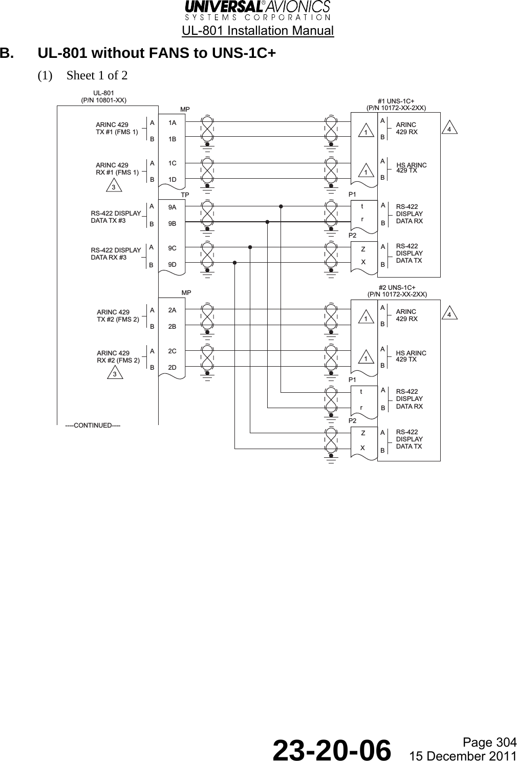  UL-801 Installation Manual  Page 304  23-20-06  15 December 2011 B.  UL-801 without FANS to UNS-1C+ (1) Sheet 1 of 2   UL-801(P/N 10801-XX)A1AB1BARINC 429TX #1 (FMS 1)ABARINC429 RXA1CB1DARINC 429RX #1 (FMS 1)ABHS ARINC429 TX#2 UNS-1C+(P/N 10172-XX-2XX)ABARINC429 RXA2CB2DARINC 429RX #2 (FMS 2)ABHS ARINC429 TXMP----CONTINUED----A2AB2BARINC 429TX #2 (FMS 2)RS-422 DISPLAYDATA TX #3RS-422 DISPLAYDATA RX #39A9BRS-422DISPLAYDATA RX9C9DRS-422DISPLAYDATA TXRS-422DISPLAYDATA RXRS-422DISPLAYDATA TXMPTPtZtrZXP1P2P1P233441111#1 UNS-1C+(P/N 10172-XX-2XX)ABABABABABABrX