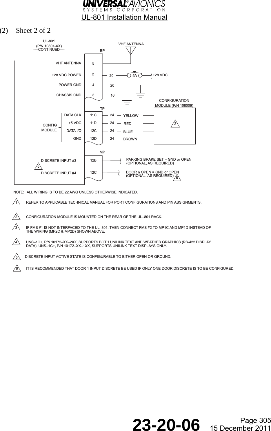  UL-801 Installation Manual  Page 305  23-20-06  15 December 2011 (2) Sheet 2 of 2   MPBP+28 VDC POWER +28 VDCPOWER GND 4CHASSIS GND 3TPDATA CLK 11CCONFIGURATIONMODULE (P/N 108009)24+5 VDC 11D 24DATA I/O 12C 24GND 12D 24CONFIGMODULEDISCRETE INPUT #3 12B PARKING BRAKE SET = GND or OPEN(OPTIONAL, AS REQUIRED)DISCRETE INPUT #4 12C DOOR n OPEN = GND or OPEN(OPTIONAL, AS REQUIRED)YELLOWREDBLUEBROWN202165A22020561 REFER TO APPLICABLE TECHNICAL MANUAL FOR PORT CONFIGURATIONS AND PIN ASSIGNMENTS.2 CONFIGURATION MODULE IS MOUNTED ON THE REAR OF THE UL801 RACK.3 IF FMS #1 IS NOT INTERFACED TO THE UL801, THEN CONNECT FMS #2 TO MP1C AND MP1D INSTEAD OFTHE WIRING (MP2C &amp; MP2D) SHOWN ABOVE.4 UNS1C+, P/N 10172XX2XX, SUPPORTS BOTH UNILINK TEXT AND WEATHER GRAPHICS (RS-422 DISPLAYDATA). UNS1C+, P/N 10172XX1XX, SUPPORTS UNILINK TEXT DISPLAYS ONLY.DISCRETE INPUT ACTIVE STATE IS CONFIGURABLE TO EITHER OPEN OR GROUND.5IT IS RECOMMENDED THAT DOOR 1 INPUT DISCRETE BE USED IF ONLY ONE DOOR DISCRETE IS TO BE CONFIGURED.6ALL WIRING IS TO BE 22 AWG UNLESS OTHERWISE INDICATED.NOTE:UL-801(P/N 10801-XX)----CONTINUED----VHF ANTENNA5VHF ANTENNA