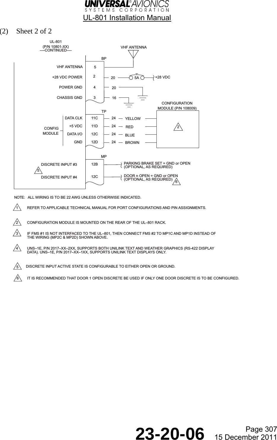  UL-801 Installation Manual  Page 307  23-20-06  15 December 2011 (2) Sheet 2 of 2   MPBP+28 VDC POWER +28 VDCPOWER GND 4CHASSIS GND 3TPDATA CLK 11CCONFIGURATIONMODULE (P/N 108009)24+5 VDC 11D 24DATA I/O 12C 24GND 12D 24CONFIGMODULEDISCRETE INPUT #3 12B PARKING BRAKE SET = GND or OPEN(OPTIONAL, AS REQUIRED)DISCRETE INPUT #4 12C DOOR n OPEN = GND or OPEN(OPTIONAL, AS REQUIRED)2YELLOWREDBLUEBROWN20165A2202056UL-801(P/N 10801-XX)----CONTINUED----1 REFER TO APPLICABLE TECHNICAL MANUAL FOR PORT CONFIGURATIONS AND PIN ASSIGNMENTS.2 CONFIGURATION MODULE IS MOUNTED ON THE REAR OF THE UL801 RACK.3 IF FMS #1 IS NOT INTERFACED TO THE UL801, THEN CONNECT FMS #2 TO MP1C AND MP1D INSTEAD OFTHE WIRING (MP2C &amp; MP2D) SHOWN ABOVE.4 UNS1E, P/N 2017XX2XX, SUPPORTS BOTH UNILINK TEXT AND WEATHER GRAPHICS (RS-422 DISPLAYDATA). UNS1E, P/N 2017XX1XX, SUPPORTS UNILINK TEXT DISPLAYS ONLY.DISCRETE INPUT ACTIVE STATE IS CONFIGURABLE TO EITHER OPEN OR GROUND.IT IS RECOMMENDED THAT DOOR 1 OPEN DISCRETE BE USED IF ONLY ONE DOOR DISCRETE IS TO BE CONFIGURED.56ALL WIRING IS TO BE 22 AWG UNLESS OTHERWISE INDICATED.NOTE:VHF ANTENNA5VHF ANTENNA
