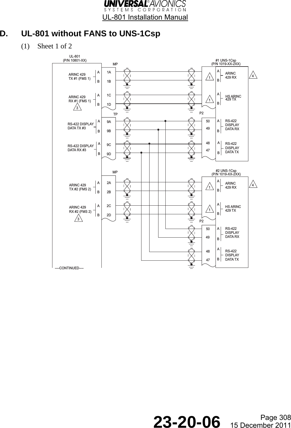  UL-801 Installation Manual  Page 308  23-20-06  15 December 2011 D.  UL-801 without FANS to UNS-1Csp (1) Sheet 1 of 2   UL-801(P/N 10801-XX)A1AB1BARINC 429TX #1 (FMS 1)#1 UNS-1Csp(P/N 1019-XX-2XX)ABARINC429 RXA1CB1DARINC 429RX #1 (FMS 1)ABHS ARINC429 TXABARINC429 RXA2CB2DARINC 429RX #2 (FMS 2)ABHS ARINC429 TXMP----CONTINUED----A2AB2BARINC 429TX #2 (FMS 2)RS-422 DISPLAYDATA TX #3RS-422 DISPLAYDATA RX #39A9BRS-422DISPLAYDATA RX9C9DRS-422DISPLAYDATA TXRS-422DISPLAYDATA RXRS-422DISPLAYDATA TXMPTP50494847P233441111#2 UNS-1Csp(P/N 1019-XX-2XX)5048P2ABABABABABAB4947