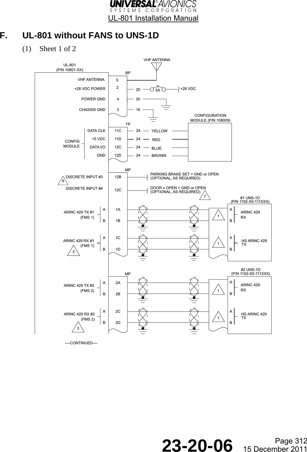  UL-801 Installation Manual  Page 312  23-20-06  15 December 2011 F.  UL-801 without FANS to UNS-1D (1) Sheet 1 of 2   UL-801(P/N 10801-XX)A1AB1BARINC 429 TX #1(FMS 1)#1 UNS-1D(P/N 1192-X0-111XXX)BP+28 VDC POWER 2+28 VDCPOWER GND 4CHASSIS GND 35ATPDATA CLK 11CCONFIGURATIONMODULE (P/N 108009)24+5 VDC 11D 24DATA I/O 12C 24GND 12D 24CONFIGMODULEMPDISCRETE INPUT #3 12B PARKING BRAKE SET = GND or OPEN(OPTIONAL, AS REQUIRED)DISCRETE INPUT #4 12C DOOR n OPEN = GND or OPEN(OPTIONAL, AS REQUIRED)ABARINC 429RXA1CB1DARINC 429 RX #1(FMS 1)ABHS ARINC 429TX#2 UNS-1D(P/N 1192-X0-111XXX)ABARINC 429RXA2CB2DARINC 429 RX #2(FMS 2)ABHS ARINC 429TXMP----CONTINUED----202016A2AB2BARINC 429 TX #2(FMS 2)YELLOWREDBLUEBROWN31111376VHF ANTENNA5VHF ANTENNA