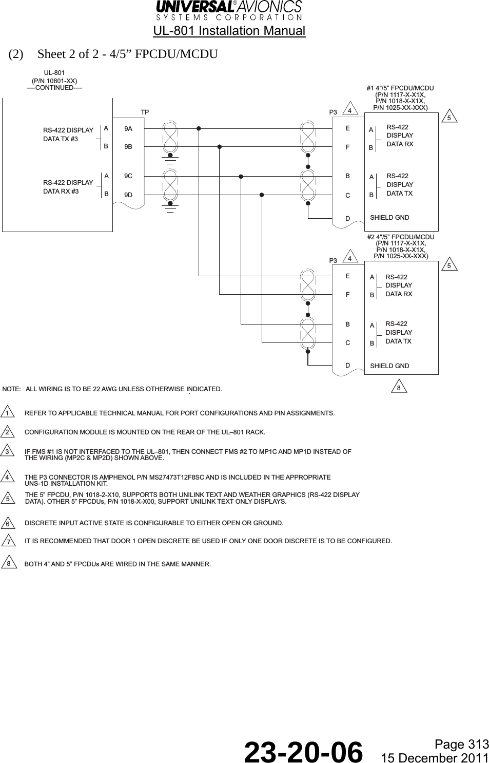  UL-801 Installation Manual  Page 313  23-20-06  15 December 2011 (2) Sheet 2 of 2 - 4/5” FPCDU/MCDU   TP9A9BRS-422 DISPLAYDATA TX #3RS-422DISPLAYDATA RX9C9DRS-422 DISPLAYDATA RX #3RS-422DISPLAYDATA TXP3RS-422DISPLAYDATA RXRS-422DISPLAYDATA TXP3EFBCDEFBCDSHIELD GNDSHIELD GND55441 REFER TO APPLICABLE TECHNICAL MANUAL FOR PORT CONFIGURATIONS AND PIN ASSIGNMENTS.2 CONFIGURATION MODULE IS MOUNTED ON THE REAR OF THE UL801 RACK.3 IF FMS #1 IS NOT INTERFACED TO THE UL801, THEN CONNECT FMS #2 TO MP1C AND MP1D INSTEAD OFTHE WIRING (MP2C &amp; MP2D) SHOWN ABOVE.4 THE P3 CONNECTOR IS AMPHENOL P/N MS27473T12F8SC AND IS INCLUDED IN THE APPROPRIATEUNS-1D INSTALLATION KIT.DISCRETE INPUT ACTIVE STATE IS CONFIGURABLE TO EITHER OPEN OR GROUND.IT IS RECOMMENDED THAT DOOR 1 OPEN DISCRETE BE USED IF ONLY ONE DOOR DISCRETE IS TO BE CONFIGURED.67ALL WIRING IS TO BE 22 AWG UNLESS OTHERWISE INDICATED.NOTE:UL-801(P/N 10801-XX)----CONTINUED----5THE 5 FPCDU, P/N 1018-2-X10, SUPPORTS BOTH UNILINK TEXT AND WEATHER GRAPHICS (RS-422 DISPLAYDATA). OTHER 5 FPCDUs, P/N 1018-X-X00, SUPPORT UNILINK TEXT ONLY DISPLAYS.8BOTH 4 AND 5 FPCDUs ARE WIRED IN THE SAME MANNER.8#1 4&quot;/5 FPCDU/MCDU(P/N 1117-X-X1X,P/N 1018-X-X1X,P/N 1025-XX-XXX)#2 4&quot;/5 FPCDU/MCDU(P/N 1117-X-X1X,P/N 1018-X-X1X,P/N 1025-XX-XXX)ABABABABABAB