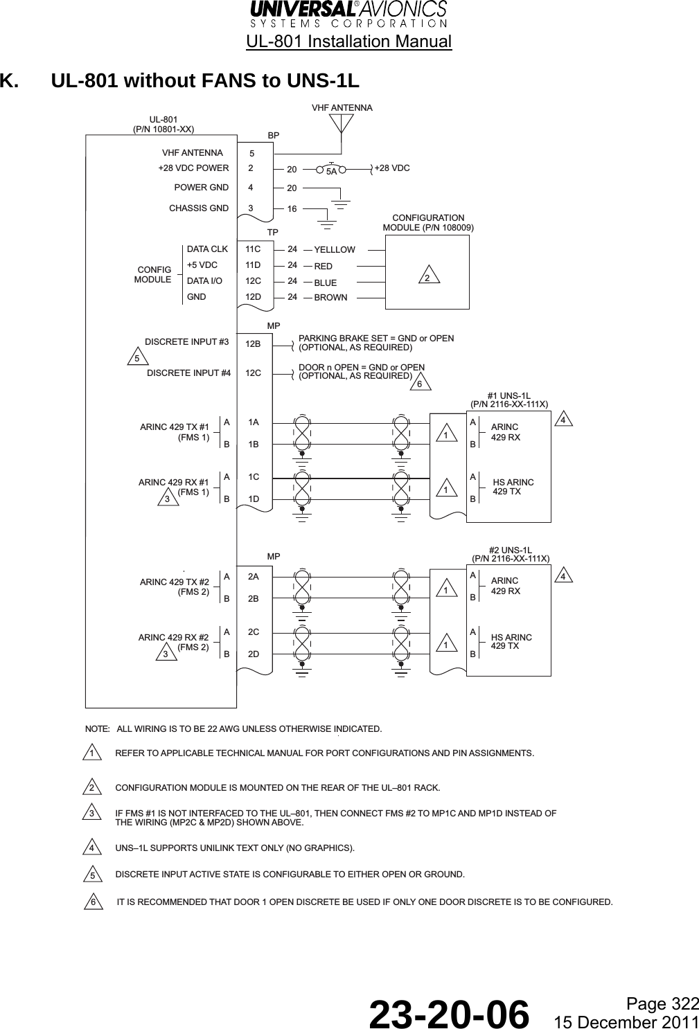  UL-801 Installation Manual  Page 322  23-20-06  15 December 2011 K.  UL-801 without FANS to UNS-1L     UL-801(P/N 10801-XX)A1AB1BARINC 429 TX #1(FMS 1)#1 UNS-1L(P/N 2116-XX-111X)BP2+28 VDC4+28 VDC POWERPOWER GNDCHASSIS GND 35ATP11CCONFIGURATIONMODULE (P/N 108009)2411D 2412C 2412D 24DATA CLK+5 VDCDATA I/OGNDCONFIGMODULEMP12B PARKING BRAKE SET = GND or OPEN(OPTIONAL, AS REQUIRED)DISCRETE INPUT #4 12C DOOR n OPEN = GND or OPEN(OPTIONAL, AS REQUIRED)ABARINC429 RXA1CB1DARINC 429 RX #1(FMS 1)ABHS ARINC429 TX#2 UNS-1L(P/N 2116-XX-111X)ABARINC429 RXA2CB2DARINC 429 RX #2(FMS 2)ABHS ARINC429 TXMP202016A2AB2BARINC 429 TX #2(FMS 2)DISCRETE INPUT #34411112YELLLOWREDBLUEBROWN33651 REFER TO APPLICABLE TECHNICAL MANUAL FOR PORT CONFIGURATIONS AND PIN ASSIGNMENTS.2 CONFIGURATION MODULE IS MOUNTED ON THE REAR OF THE UL801 RACK.3 IF FMS #1 IS NOT INTERFACED TO THE UL801, THEN CONNECT FMS #2 TO MP1C AND MP1D INSTEAD OFTHE WIRING (MP2C &amp; MP2D) SHOWN ABOVE.4 UNS1L SUPPORTS UNILINK TEXT ONLY (NO GRAPHICS).DISCRETE INPUT ACTIVE STATE IS CONFIGURABLE TO EITHER OPEN OR GROUND.IT IS RECOMMENDED THAT DOOR 1 OPEN DISCRETE BE USED IF ONLY ONE DOOR DISCRETE IS TO BE CONFIGURED.56ALL WIRING IS TO BE 22 AWG UNLESS OTHERWISE INDICATED.NOTE:VHF ANTENNA5VHF ANTENNA