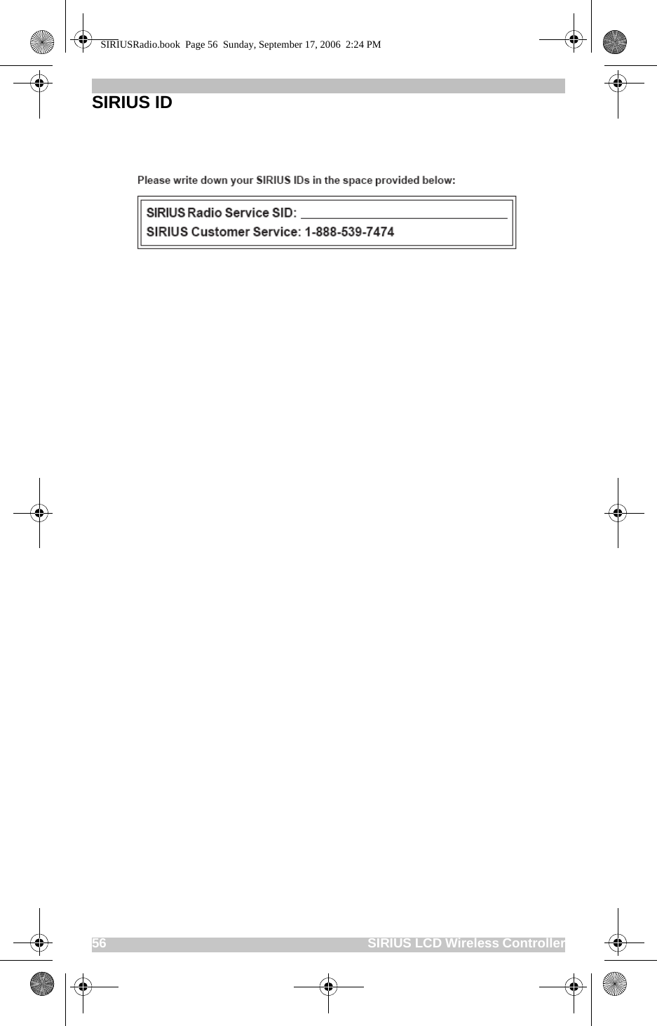 56                                                                              SIRIUS LCD Wireless ControllerSIRIUS IDSIRIUSRadio.book  Page 56  Sunday, September 17, 2006  2:24 PM