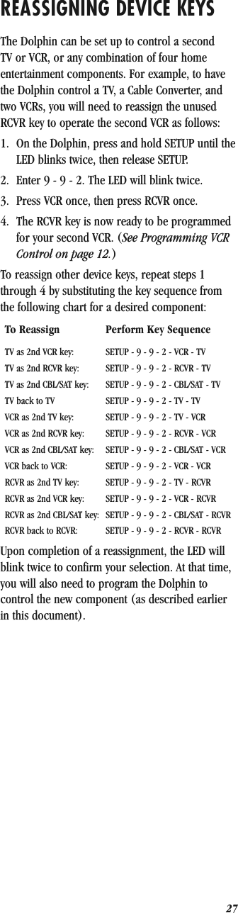 27REASSIGNING DEVICE KEYSThe Dolphin can be set up to control a second TV or VCR, or any combination of four home entertainment components. For example, to have the Dolphin control a TV, a Cable Converter, and two VCRs, you will need to reassign the unused RCVR key to operate the second VCR as follows:1. On the Dolphin, press and hold SETUP until the LED blinks twice, then release SETUP.2. Enter 9 - 9 - 2. The LED will blink twice.3. Press VCR once, then press RCVR once.4. The RCVR key is now ready to be programmed for your second VCR. (See Programming VCR Control on page 12.)To reassign other device keys, repeat steps 1 through 4 by substituting the key sequence from the following chart for a desired component:To Reassign  Perform Key SequenceTV as 2nd VCR key:  SETUP - 9 - 9 - 2 - VCR - TVTV as 2nd RCVR key: SETUP - 9 - 9 - 2 - RCVR - TVTV as 2nd CBL/SAT key:  SETUP - 9 - 9 - 2 - CBL/SAT - TVTV back to TV SETUP - 9 - 9 - 2 - TV - TVVCR as 2nd TV key:  SETUP - 9 - 9 - 2 - TV - VCRVCR as 2nd RCVR key:  SETUP - 9 - 9 - 2 - RCVR - VCRVCR as 2nd CBL/SAT key:  SETUP - 9 - 9 - 2 - CBL/SAT - VCRVCR back to VCR:  SETUP - 9 - 9 - 2 - VCR - VCRRCVR as 2nd TV key:  SETUP - 9 - 9 - 2 - TV - RCVRRCVR as 2nd VCR key: SETUP - 9 - 9 - 2 - VCR - RCVRRCVR as 2nd CBL/SAT key:  SETUP - 9 - 9 - 2 - CBL/SAT - RCVRRCVR back to RCVR:  SETUP - 9 - 9 - 2 - RCVR - RCVRUpon completion of a reassignment, the LED will blink twice to confirm your selection. At that time, you will also need to program the Dolphin to control the new component (as described earlier in this document).
