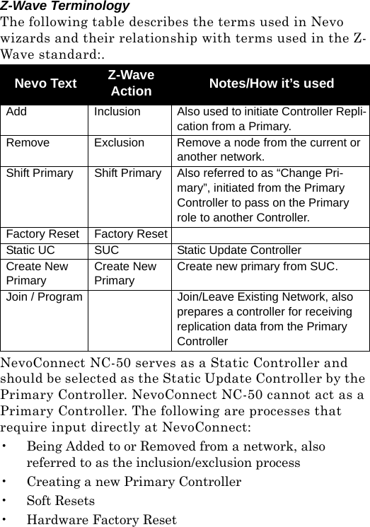 Z-Wave TerminologyThe following table describes the terms used in Nevo wizards and their relationship with terms used in the Z-Wave standard:.NevoConnect NC-50 serves as a Static Controller and should be selected as the Static Update Controller by the Primary Controller. NevoConnect NC-50 cannot act as a Primary Controller. The following are processes that require input directly at NevoConnect:• Being Added to or Removed from a network, also referred to as the inclusion/exclusion process• Creating a new Primary Controller•Soft Resets• Hardware Factory ResetNevo Text Z-Wave Action Notes/How it’s usedAdd Inclusion Also used to initiate Controller Repli-cation from a Primary.Remove Exclusion Remove a node from the current or another network.Shift Primary Shift Primary Also referred to as “Change Pri-mary”, initiated from the Primary Controller to pass on the Primary role to another Controller.Factory Reset  Factory ResetStatic UC SUC Static Update ControllerCreate New PrimaryCreate New PrimaryCreate new primary from SUC.Join / Program Join/Leave Existing Network, also prepares a controller for receiving replication data from the Primary Controller