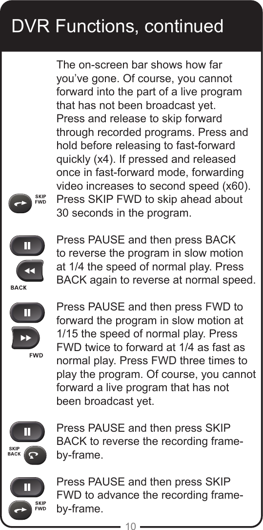 10DVR Functions, continuedThe on-screen bar shows how far you’ve gone. Of course, you cannot forward into the part of a live program that has not been broadcast yet.Press and release to skip forward through recorded programs. Press and hold before releasing to fast-forward quickly (x4). If pressed and released once in fast-forward mode, forwarding video increases to second speed (x60).Press SKIP FWD to skip ahead about 30 seconds in the program.Press PAUSE and then press BACK to reverse the program in slow motion at 1/4 the speed of normal play. Press BACK again to reverse at normal speed.Press PAUSE and then press FWD to forward the program in slow motion at 1/15 the speed of normal play. Press FWD twice to forward at 1/4 as fast as normal play. Press FWD three times to play the program. Of course, you cannot forward a live program that has not been broadcast yet.Press PAUSE and then press SKIP BACK to reverse the recording frame-by-frame.Press PAUSE and then press SKIP FWD to advance the recording frame-by-frame.