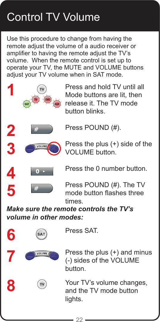 22Control TV VolumeUse this procedure to change from having the remote adjust the volume of a audio receiver or amplier to having the remote adjust the TV’s volume.  When the remote control is set up to operate your TV, the MUTE and VOLUME buttons adjust your TV volume when in SAT mode. Press and hold TV until all Mode buttons are lit, then release it. The TV mode button blinks.Press POUND (#).Press the plus (+) side of the VOLUME button.Press the 0 number button.Press POUND (#). The TV mode button ashes three times.Press SAT.Press the plus (+) and minus (-) sides of the VOLUME button.Your TV’s volume changes, and the TV mode button lights.12345678Make sure the remote controls the TV’s     volume in other modes: