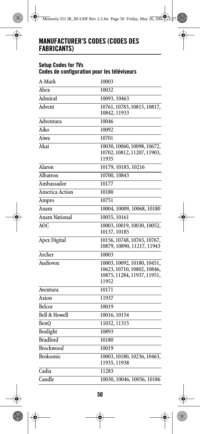 50MANUFACTURER’S CODES (CODES DES FABRICANTS)Setup Codes for TVsCodes de configuration pour les téléviseursA-Mark 10003Abex 10032Admiral 10093, 10463Advent 10761, 10783, 10815, 10817, 10842, 11933Adventura 10046Aiko 10092Aiwa 10701Akai 10030, 10060, 10098, 10672, 10702, 10812, 11207, 11903, 11935Alaron 10179, 10183, 10216Albatron 10700, 10843Ambassador 10177America Action 10180Ampro 10751Anam 10004, 10009, 10068, 10180Anam National 10055, 10161AOC 10003, 10019, 10030, 10052, 10137, 10185Apex Digital 10156, 10748, 10765, 10767, 10879, 10890, 11217, 11943Archer 10003Audiovox 10003, 10092, 10180, 10451, 10623, 10710, 10802, 10846, 10875, 11284, 11937, 11951, 11952Aventura 10171Axion 11937Belcor 10019Bell &amp; Howell 10016, 10154BenQ 11032, 11315Boxlight 10893Bradford 10180Brockwood 10019Broksonic 10003, 10180, 10236, 10463, 11935, 11938Cadia 11283Candle 10030, 10046, 10056, 10186Motorola 551 IR_IR-UHF Rev 2.3.fm  Page 50  Friday, May 26, 2006  12:27 PM