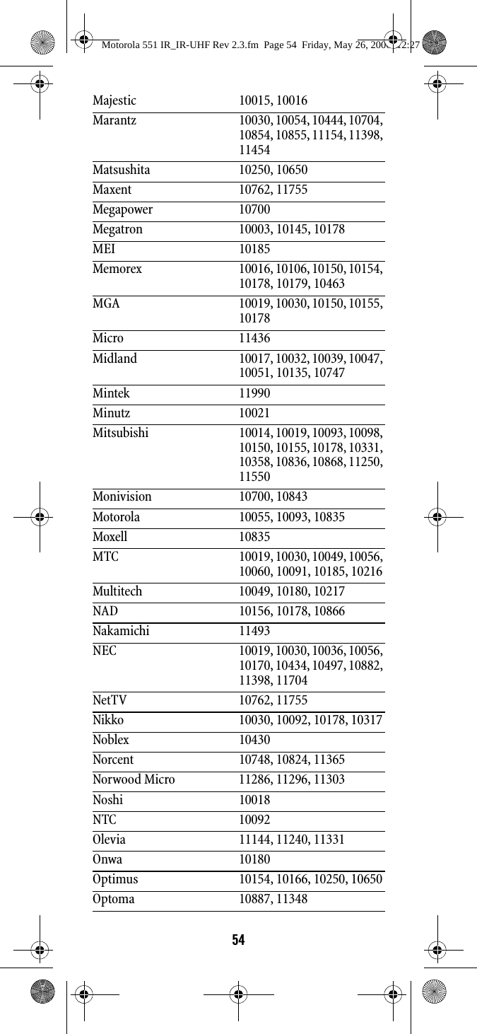 54Majestic 10015, 10016Marantz 10030, 10054, 10444, 10704, 10854, 10855, 11154, 11398, 11454Matsushita 10250, 10650Maxent 10762, 11755Megapower 10700Megatron 10003, 10145, 10178MEI 10185Memorex 10016, 10106, 10150, 10154, 10178, 10179, 10463MGA 10019, 10030, 10150, 10155, 10178Micro 11436Midland 10017, 10032, 10039, 10047, 10051, 10135, 10747Mintek 11990Minutz 10021Mitsubishi 10014, 10019, 10093, 10098, 10150, 10155, 10178, 10331, 10358, 10836, 10868, 11250, 11550Monivision 10700, 10843Motorola 10055, 10093, 10835Moxell 10835MTC 10019, 10030, 10049, 10056, 10060, 10091, 10185, 10216Multitech 10049, 10180, 10217NAD 10156, 10178, 10866Nakamichi 11493NEC 10019, 10030, 10036, 10056, 10170, 10434, 10497, 10882, 11398, 11704NetTV 10762, 11755Nikko 10030, 10092, 10178, 10317Noblex 10430Norcent 10748, 10824, 11365Norwood Micro 11286, 11296, 11303Noshi 10018NTC 10092Olevia 11144, 11240, 11331Onwa 10180Optimus 10154, 10166, 10250, 10650Optoma 10887, 11348Motorola 551 IR_IR-UHF Rev 2.3.fm  Page 54  Friday, May 26, 2006  12:27 PM
