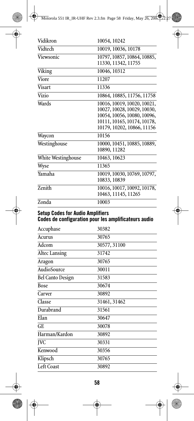 58Setup Codes for Audio AmplifiersCodes de configuration pour les amplificateurs audioVidikron 10054, 10242Vidtech 10019, 10036, 10178Viewsonic 10797, 10857, 10864, 10885, 11330, 11342, 11755Viking 10046, 10312Viore 11207Visart 11336Vizio 10864, 10885, 11756, 11758Wards 10016, 10019, 10020, 10021, 10027, 10028, 10029, 10030, 10054, 10056, 10080, 10096, 10111, 10165, 10174, 10178, 10179, 10202, 10866, 11156Waycon 10156Westinghouse 10000, 10451, 10885, 10889, 10890, 11282White Westinghouse 10463, 10623Wyse 11365Yamaha 10019, 10030, 10769, 10797, 10833, 10839Zenith 10016, 10017, 10092, 10178, 10463, 11145, 11265Zonda 10003Accuphase 30382Acurus 30765Adcom 30577, 31100Altec Lansing 31742Aragon 30765AudioSource 30011Bel Canto Design 31583Bose 30674Carver 30892Classe 31461, 31462Durabrand 31561Elan 30647GE 30078Harman/Kardon 30892JVC 30331Kenwood 30356Klipsch 30765Left Coast 30892Motorola 551 IR_IR-UHF Rev 2.3.fm  Page 58  Friday, May 26, 2006  12:27 PM