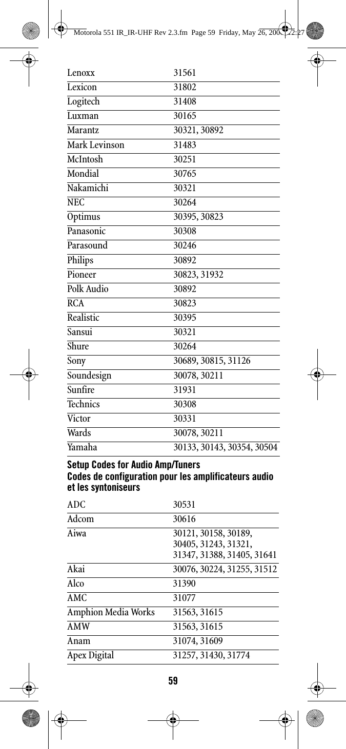 59Setup Codes for Audio Amp/TunersCodes de configuration pour les amplificateurs audio et les syntoniseursLenoxx 31561Lexicon 31802Logitech 31408Luxman 30165Marantz 30321, 30892Mark Levinson 31483McIntosh 30251Mondial 30765Nakamichi 30321NEC 30264Optimus 30395, 30823Panasonic 30308Parasound 30246Philips 30892Pioneer 30823, 31932Polk Audio 30892RCA 30823Realistic 30395Sansui 30321Shure 30264Sony 30689, 30815, 31126Soundesign 30078, 30211Sunfire 31931Technics 30308Victor 30331Wards 30078, 30211Yamaha 30133, 30143, 30354, 30504ADC 30531Adcom 30616Aiwa 30121, 30158, 30189, 30405, 31243, 31321, 31347, 31388, 31405, 31641Akai 30076, 30224, 31255, 31512Alco 31390AMC 31077Amphion Media Works 31563, 31615AMW 31563, 31615Anam 31074, 31609Apex Digital 31257, 31430, 31774Motorola 551 IR_IR-UHF Rev 2.3.fm  Page 59  Friday, May 26, 2006  12:27 PM