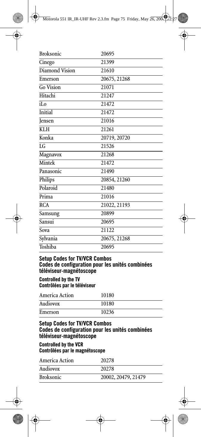 Setup Codes for TV/VCR CombosCodes de configuration pour les unités combinées téléviseur-magnétoscopeControlled by the TVContrôlées par le téléviseurSetup Codes for TV/VCR CombosCodes de configuration pour les unités combinées téléviseur-magnétoscopeControlled by the VCRContrôlées par le magnétoscopeBroksonic 20695Cinego 21399Diamond Vision 21610Emerson 20675, 21268Go Vision 21071Hitachi 21247iLo 21472Initial 21472Jensen 21016KLH 21261Konka 20719, 20720LG 21526Magnavox 21268Mintek 21472Panasonic 21490Philips 20854, 21260Polaroid 21480Prima 21016RCA 21022, 21193Samsung 20899Sansui 20695Sova 21122Sylvania 20675, 21268Toshiba 20695America Action 10180Audiovox 10180Emerson 10236America Action 20278Audiovox 20278Broksonic 20002, 20479, 21479Motorola 551 IR_IR-UHF Rev 2.3.fm  Page 75  Friday, May 26, 2006  12:27 PM