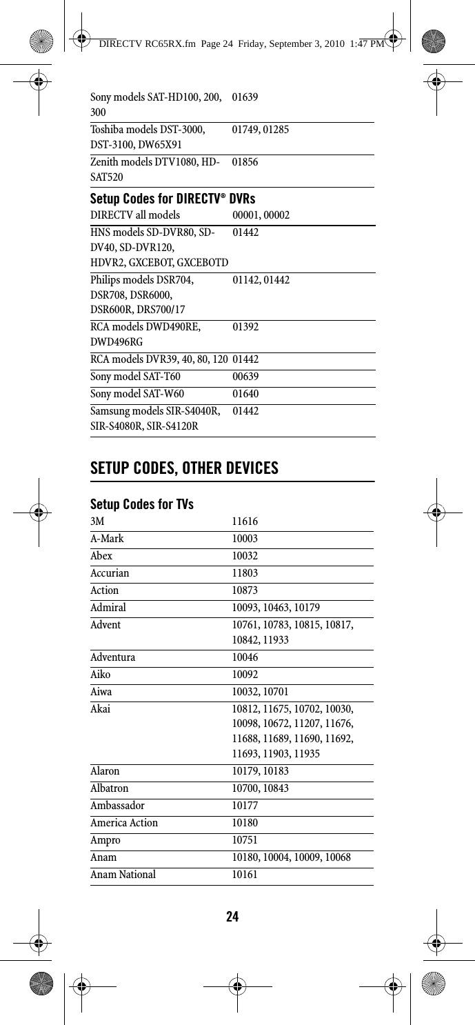 24Setup Codes for DIRECTV® DVRs SETUP CODES, OTHER DEVICESSetup Codes for TVsSony models SAT-HD100, 200, 30001639 Toshiba models DST-3000, DST-3100, DW65X9101749, 01285Zenith models DTV1080, HD-SAT52001856 DIRECTV all models 00001, 00002HNS models SD-DVR80, SD-DV40, SD-DVR120, HDVR2, GXCEBOT, GXCEBOTD01442 Philips models DSR704,DSR708, DSR6000, DSR600R, DRS700/17 01142, 01442 RCA models DWD490RE, DWD496RG 01392 RCA models DVR39, 40, 80, 120  01442 Sony model SAT-T60  00639 Sony model SAT-W60  01640 Samsung models SIR-S4040R, SIR-S4080R, SIR-S4120R 01442 3M 11616A-Mark 10003Abex 10032Accurian 11803Action 10873Admiral 10093, 10463, 10179Advent 10761, 10783, 10815, 10817, 10842, 11933Adventura 10046Aiko 10092Aiwa 10032, 10701Akai 10812, 11675, 10702, 10030, 10098, 10672, 11207, 11676, 11688, 11689, 11690, 11692, 11693, 11903, 11935Alaron 10179, 10183Albatron 10700, 10843Ambassador 10177America Action 10180Ampro 10751Anam 10180, 10004, 10009, 10068Anam National 10161DIRECTV RC65RX.fm  Page 24  Friday, September 3, 2010  1:47 PM