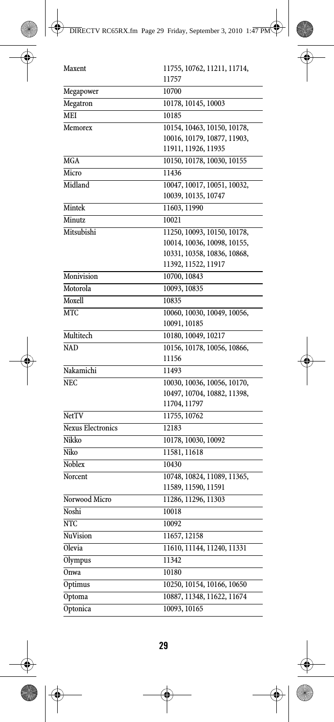 29Maxent 11755, 10762, 11211, 11714, 11757Megapower 10700Megatron 10178, 10145, 10003MEI 10185Memorex 10154, 10463, 10150, 10178, 10016, 10179, 10877, 11903, 11911, 11926, 11935MGA 10150, 10178, 10030, 10155Micro 11436Midland 10047, 10017, 10051, 10032, 10039, 10135, 10747Mintek 11603, 11990Minutz 10021Mitsubishi 11250, 10093, 10150, 10178, 10014, 10036, 10098, 10155, 10331, 10358, 10836, 10868, 11392, 11522, 11917Monivision 10700, 10843Motorola 10093, 10835Moxell 10835MTC 10060, 10030, 10049, 10056, 10091, 10185Multitech 10180, 10049, 10217NAD 10156, 10178, 10056, 10866, 11156Nakamichi 11493NEC 10030, 10036, 10056, 10170, 10497, 10704, 10882, 11398, 11704, 11797NetTV 11755, 10762Nexus Electronics 12183Nikko 10178, 10030, 10092Niko 11581, 11618Noblex 10430Norcent 10748, 10824, 11089, 11365, 11589, 11590, 11591Norwood Micro 11286, 11296, 11303Noshi 10018NTC 10092NuVision 11657, 12158Olevia 11610, 11144, 11240, 11331Olympus 11342Onwa 10180Optimus 10250, 10154, 10166, 10650Optoma 10887, 11348, 11622, 11674Optonica 10093, 10165DIRECTV RC65RX.fm  Page 29  Friday, September 3, 2010  1:47 PM