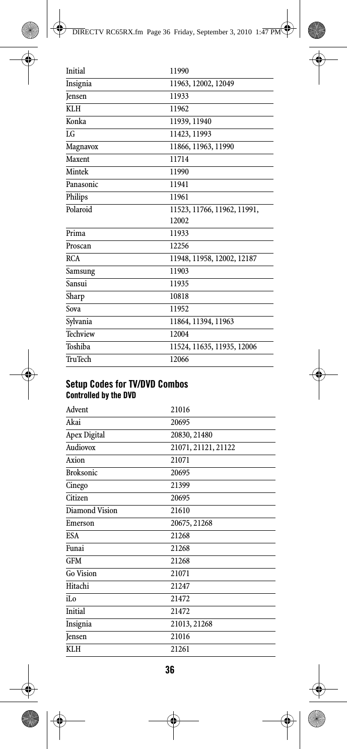 directv universal control codes