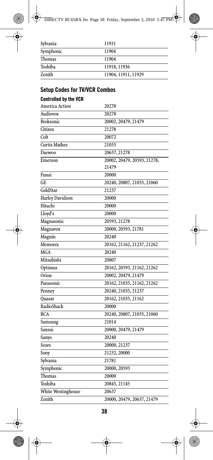 38Setup Codes for TV/VCR CombosControlled by the VCRSylvania 11931Symphonic 11904Thomas 11904Toshiba 11918, 11936Zenith 11904, 11911, 11929America Action 20278Audiovox 20278Broksonic 20002, 20479, 21479Citizen 21278Colt 20072Curtis Mathes 21035Daewoo 20637, 21278Emerson 20002, 20479, 20593, 21278, 21479Funai 20000GE 20240, 20807, 21035, 21060GoldStar 21237Harley Davidson 20000Hitachi 20000Lloyd&apos;s 20000Magnasonic 20593, 21278Magnavox 20000, 20593, 21781Magnin 20240Memorex 20162, 21162, 21237, 21262MGA 20240Mitsubishi 20807Optimus 20162, 20593, 21162, 21262Orion 20002, 20479, 21479Panasonic 20162, 21035, 21162, 21262Penney 20240, 21035, 21237Quasar 20162, 21035, 21162RadioShack 20000RCA 20240, 20807, 21035, 21060Samsung 21014Sansui 20000, 20479, 21479Sanyo 20240Sears 20000, 21237Sony 21232, 20000Sylvania 21781Symphonic 20000, 20593Thomas 20000Toshiba 20845, 21145White Westinghouse 20637Zenith 20000, 20479, 20637, 21479DIRECTV RC65RX.fm  Page 38  Friday, September 3, 2010  1:47 PM