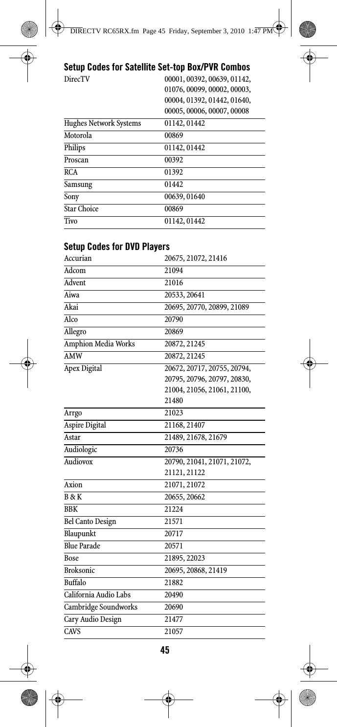 45Setup Codes for Satellite Set-top Box/PVR CombosSetup Codes for DVD PlayersDirecTV 00001, 00392, 00639, 01142, 01076, 00099, 00002, 00003, 00004, 01392, 01442, 01640, 00005, 00006, 00007, 00008Hughes Network Systems 01142, 01442Motorola 00869Philips 01142, 01442Proscan 00392RCA 01392Samsung 01442Sony 00639, 01640Star Choice 00869Tivo 01142, 01442Accurian 20675, 21072, 21416Adcom 21094Advent 21016Aiwa 20533, 20641Akai 20695, 20770, 20899, 21089Alco 20790Allegro 20869Amphion Media Works 20872, 21245AMW 20872, 21245Apex Digital 20672, 20717, 20755, 20794, 20795, 20796, 20797, 20830, 21004, 21056, 21061, 21100, 21480Arrgo 21023Aspire Digital 21168, 21407Astar 21489, 21678, 21679Audiologic 20736Audiovox 20790, 21041, 21071, 21072, 21121, 21122Axion 21071, 21072B &amp; K 20655, 20662BBK 21224Bel Canto Design 21571Blaupunkt 20717Blue Parade 20571Bose 21895, 22023Broksonic 20695, 20868, 21419Buffalo 21882California Audio Labs 20490Cambridge Soundworks 20690Cary Audio Design 21477CAVS 21057DIRECTV RC65RX.fm  Page 45  Friday, September 3, 2010  1:47 PM